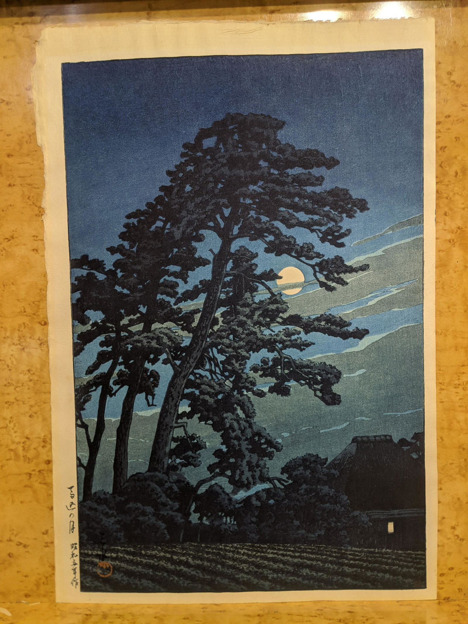 1930 Hasui Kawase Japanese Woodblock Print Moon at: 1930 Hasui Kawase Japanese Woodblock Print Moon at Magomem unframed. Measurements in inches: 10 1/2 x 15 1/2 Condition:Has toning. Trimmed on right and bottom edges Shipping:We offer in-house shipping