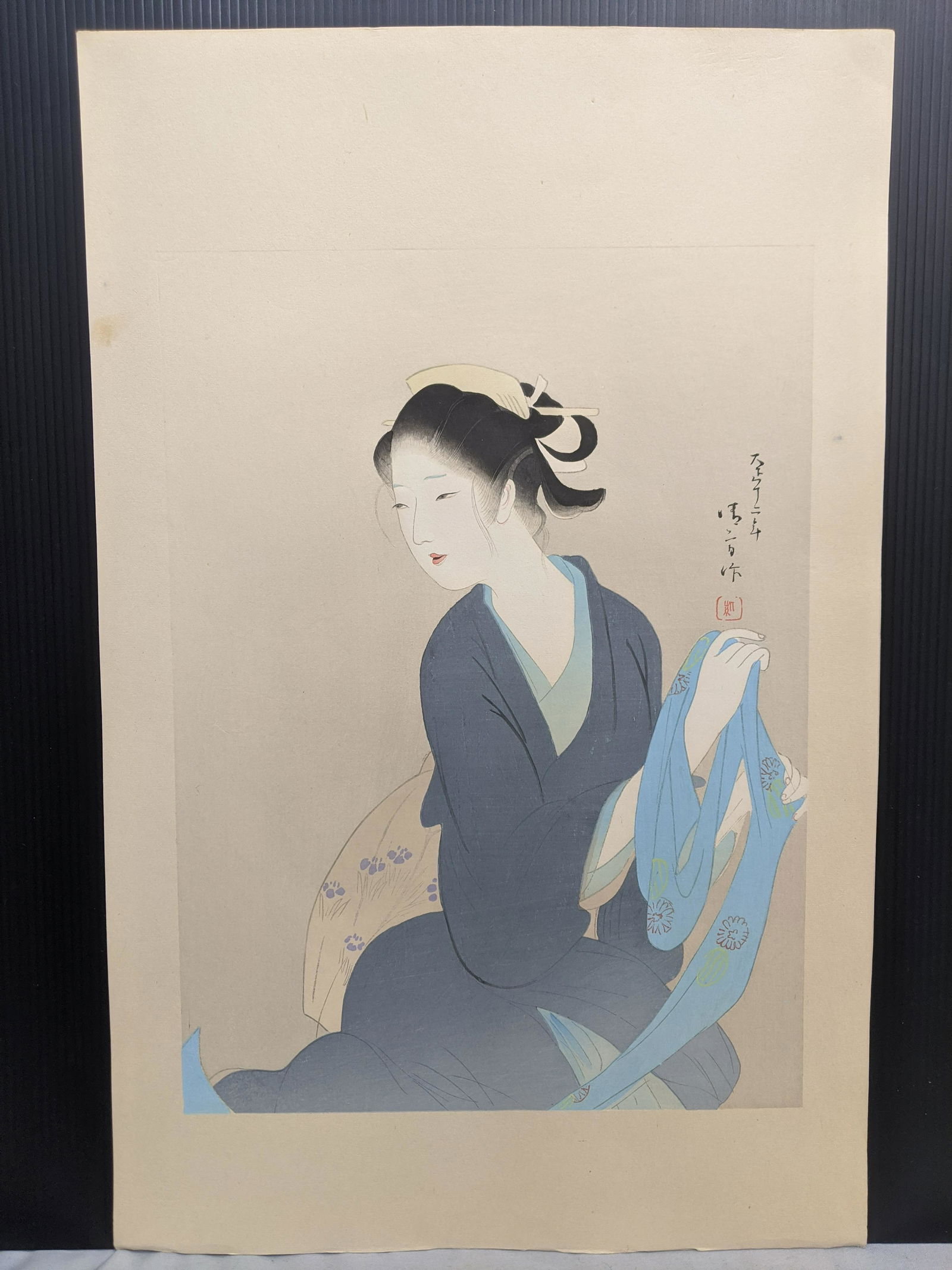 1923 Kaburagi Kiyokata Japanese Woodblock Print Osai: 1923 Kaburagi Kiyokata Japanese Woodblock Print Osai Herione in Yari no Gonz Kansane Katabira from Supplements of the Complete Works of Chikamatsu. Measurements in inches: 11 3/4 x 18 Condition:Has so