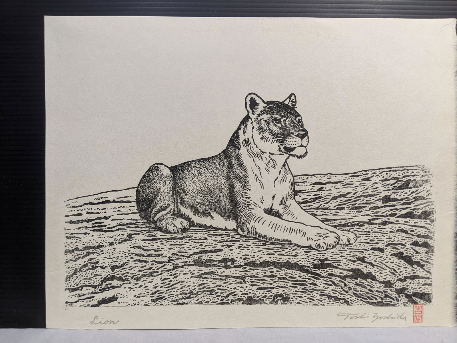 1986 Toshi Yoshida Japanese Woodblock Print Lioness A: 1986 Toshi Yoshida Japanese Woodblock Print Lioness A Posthumous Printing. Measurements in inches: 11 1/2 x 8 3/4 Condition:Good with no problems, Never framed Shipping:We offer in-house shipping. Ite