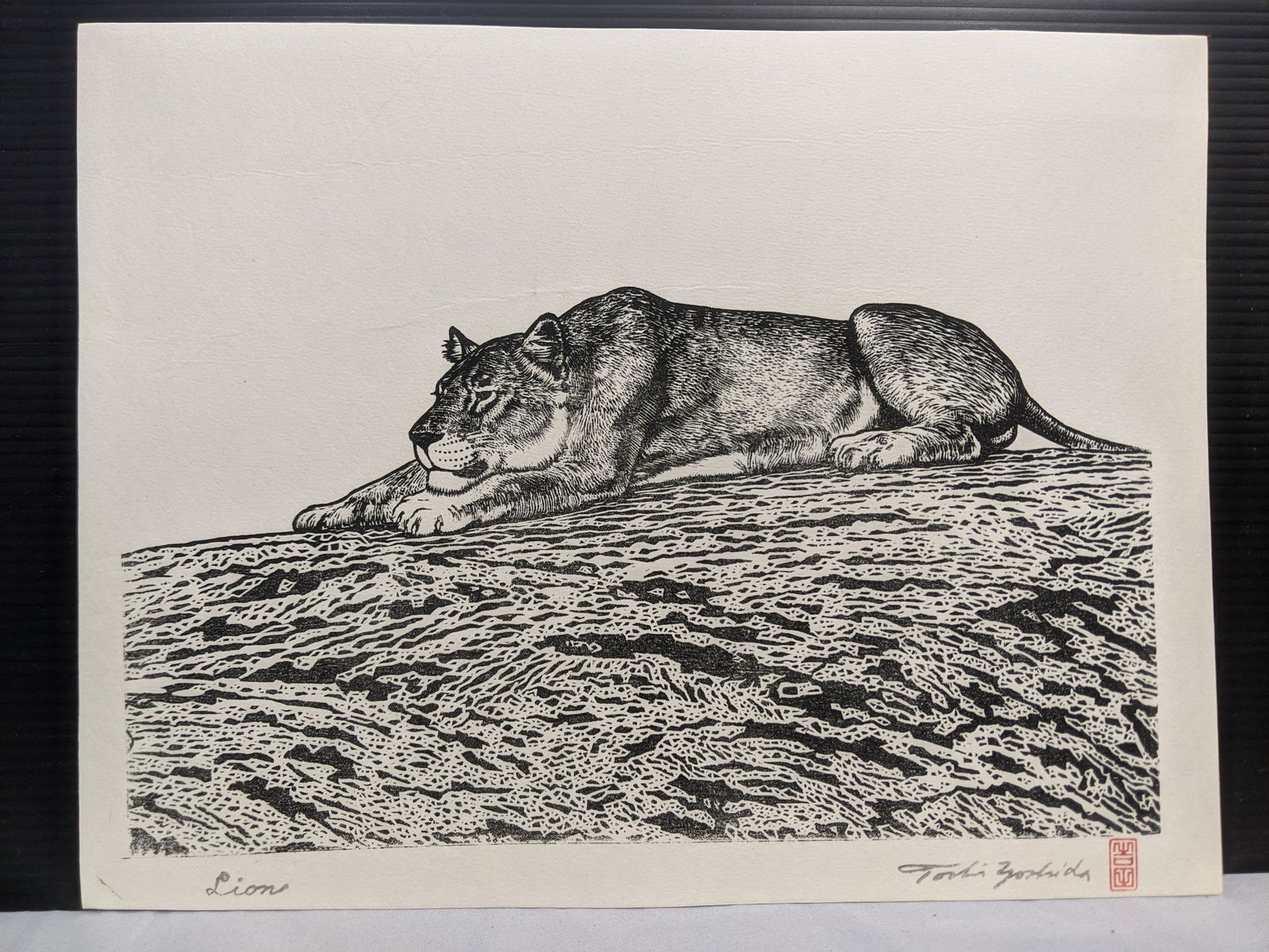 1986 Toshi Yoshida Japanese Woodblock Print Lioness B: 1986 Toshi Yoshida Japanese Woodblock Print Lioness B Posthumous Printing. Measurements in inches: 11 1/2 x 8 3/4 Condition:Good with no problems, Never framed Shipping:We offer in-house shipping. Ite
