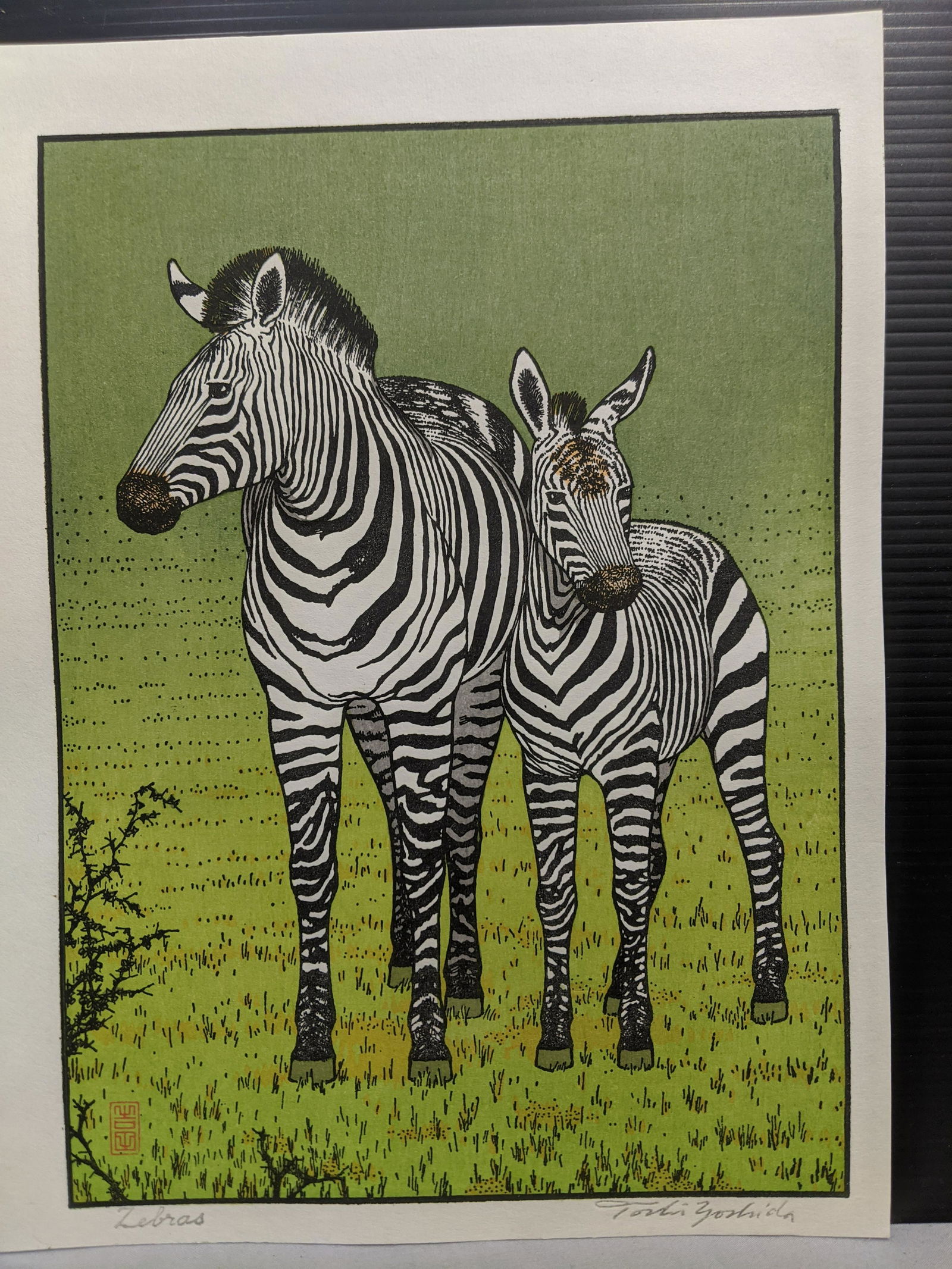 1984 Toshi Yoshida Japanese Woodblock Print Zebras: 1984 Toshi Yoshida Japanese Woodblock Print Zebras Posthumous Printing. Measurements in inches: 11 1/2 x 8 3/4 Condition:Good with no problems, Never framed Shipping:We offer in-house shipping. Item(s