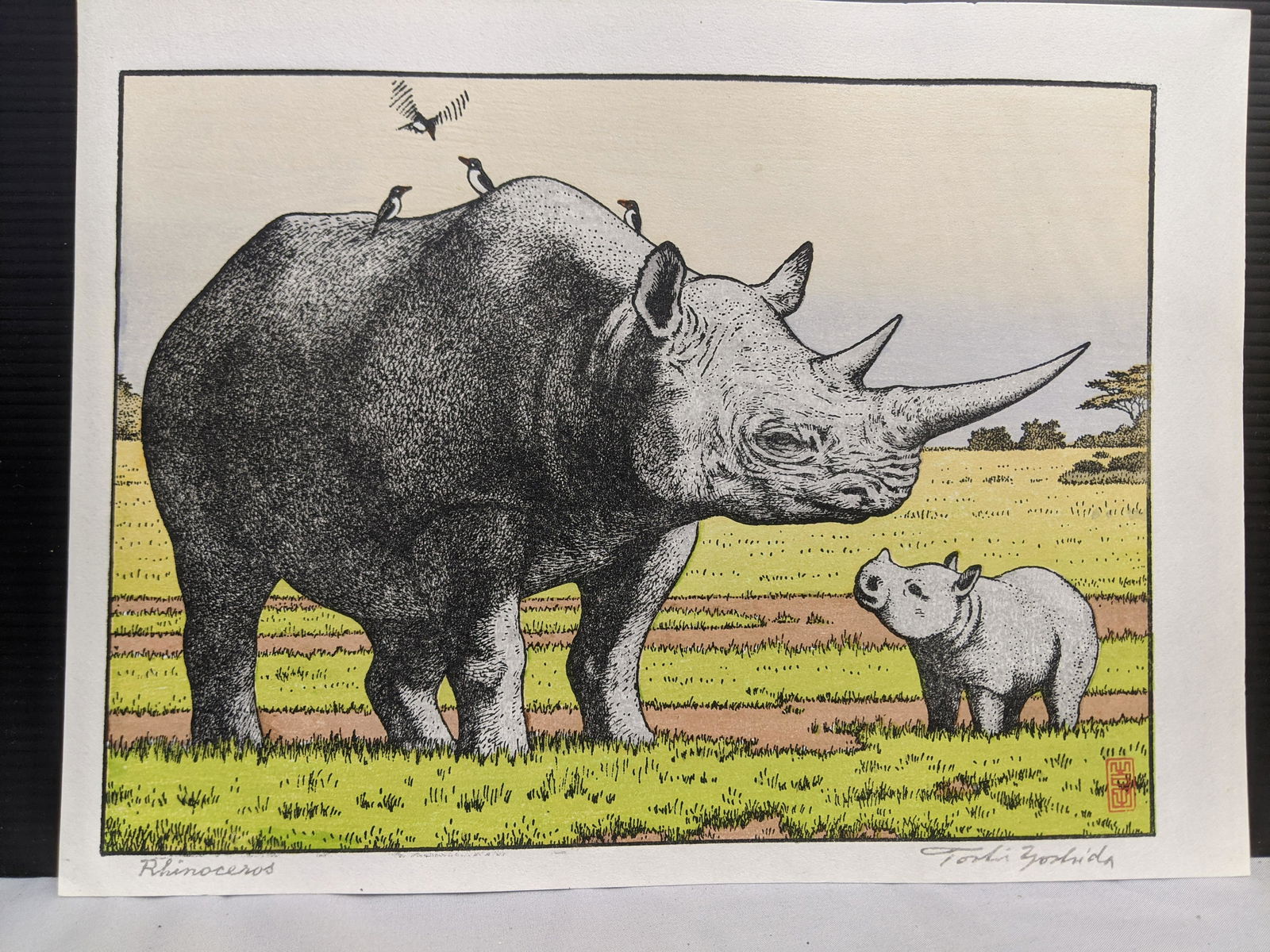 1987 Toshi Yoshida Japanese Woodblock Print Rhinoceros (1 of 11)