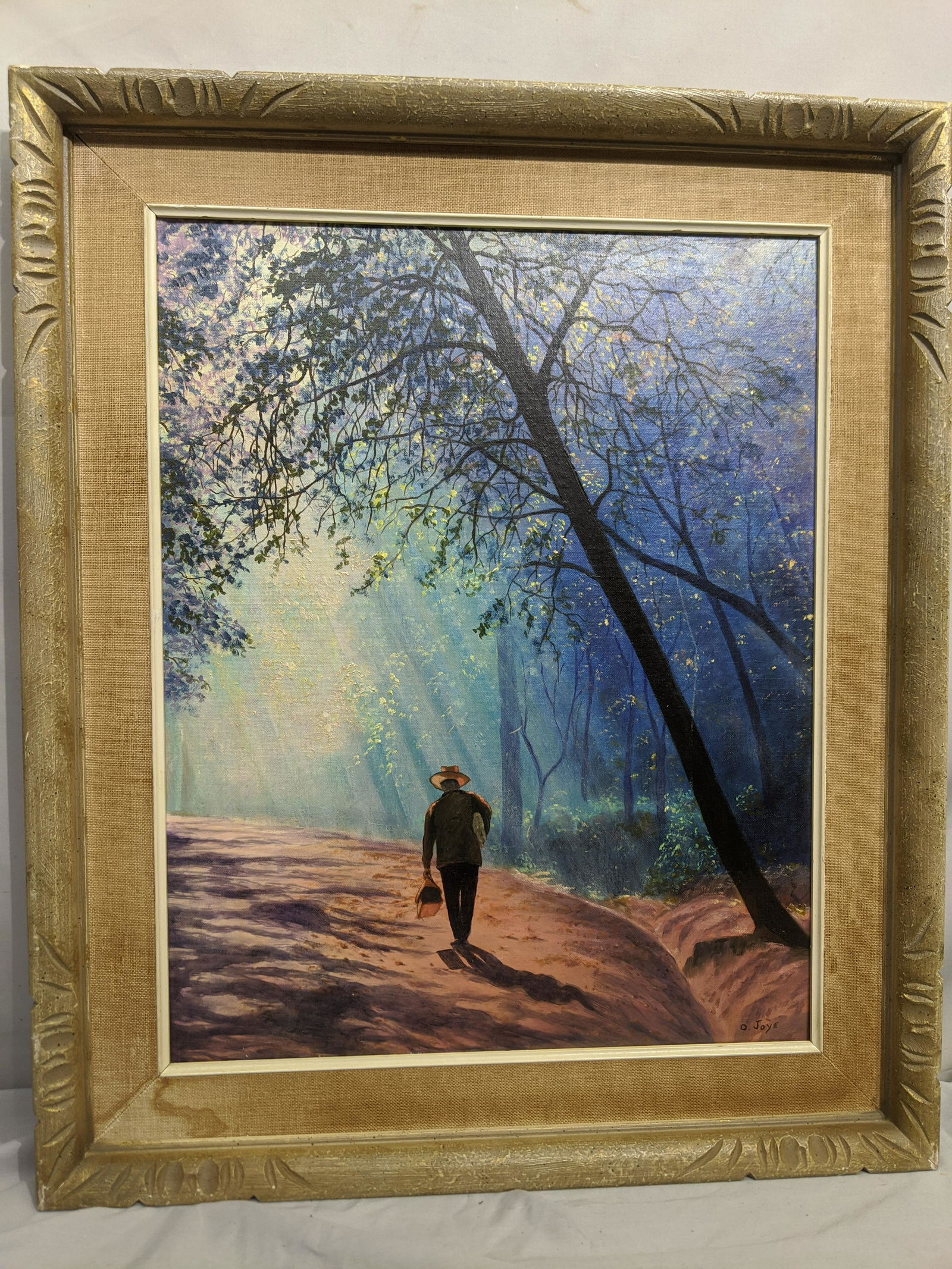 Opal Joy Song of Open Road Oil Painting: Opal Joy Song of Open Road Oil Painting on board in frame. Signed lower right and exhibition decal on reverse. Measurements in inches: 22 x 26, Image: 16 x 20 Condition:Good with no problems Shipping: