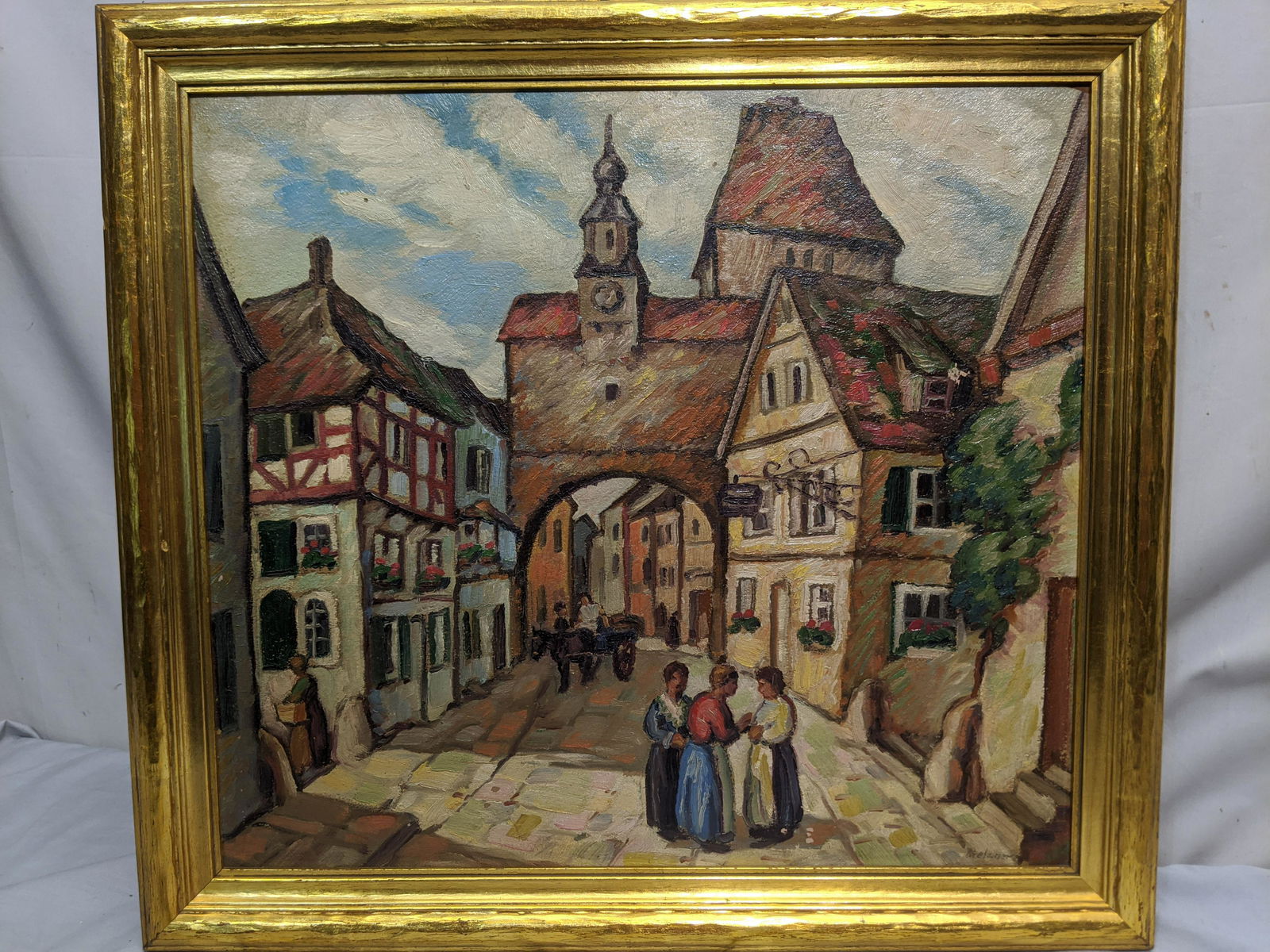 Raymond Stelzner European Street Oil Painting: Raymond Stelzner European Street Oil Painting on board in frame. Signed lower right. Listed Wisconsin artist born 1896 and died 1973. Measurements in inches: 22 x 20, Image: 18 1/2 x 16 1/2 Condition:
