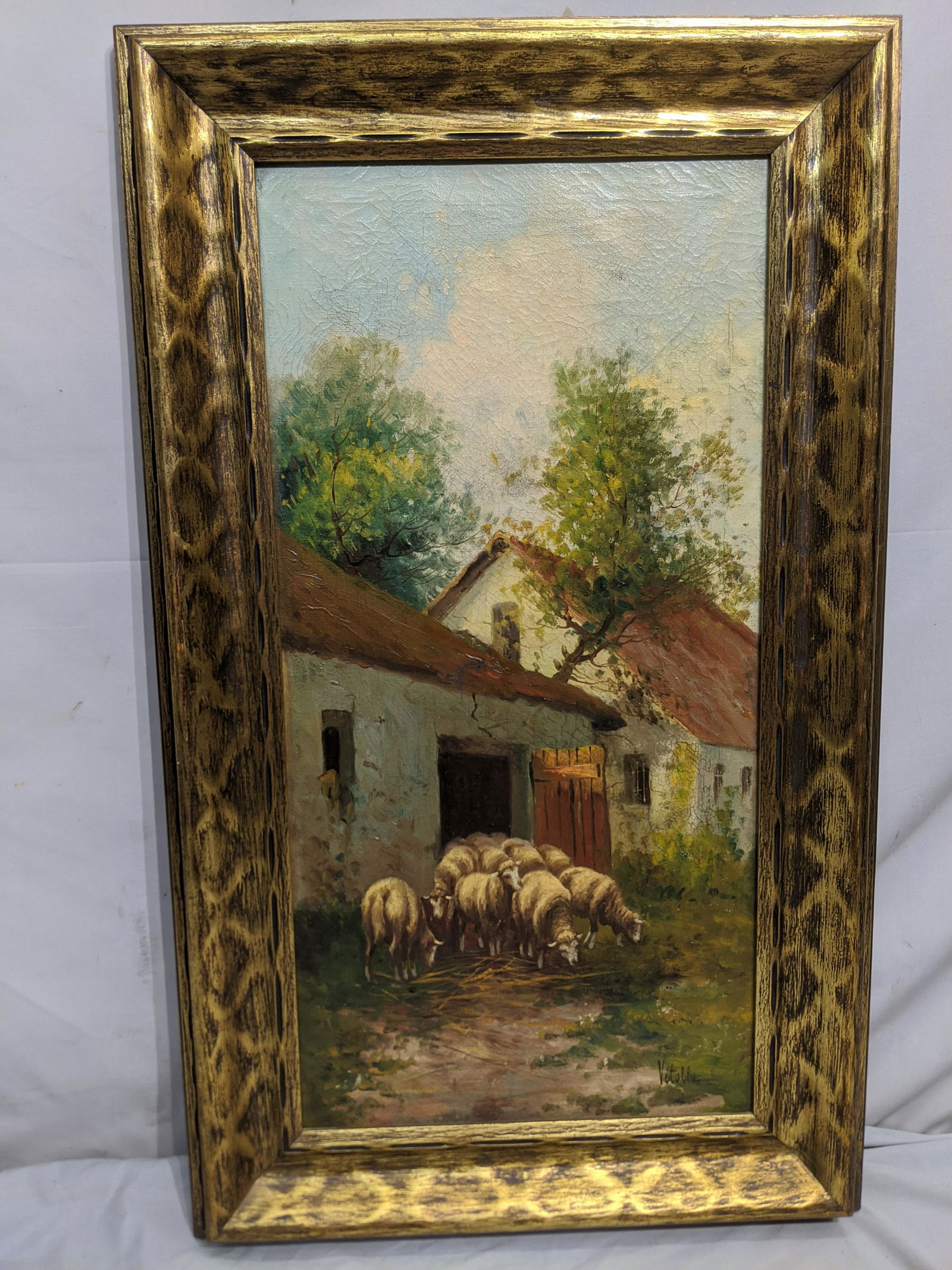 19th Century Signed Vitollo Sheep by Barn Oil Painting: 19th Century Signed Vitollo Sheep by Barn Oil Painting signed lower right. Measurements in inches: 17 3/4 x 29 1/2, Image: 12 x 24 1/4 Condition:Has repaired hole near center and some other touch ups