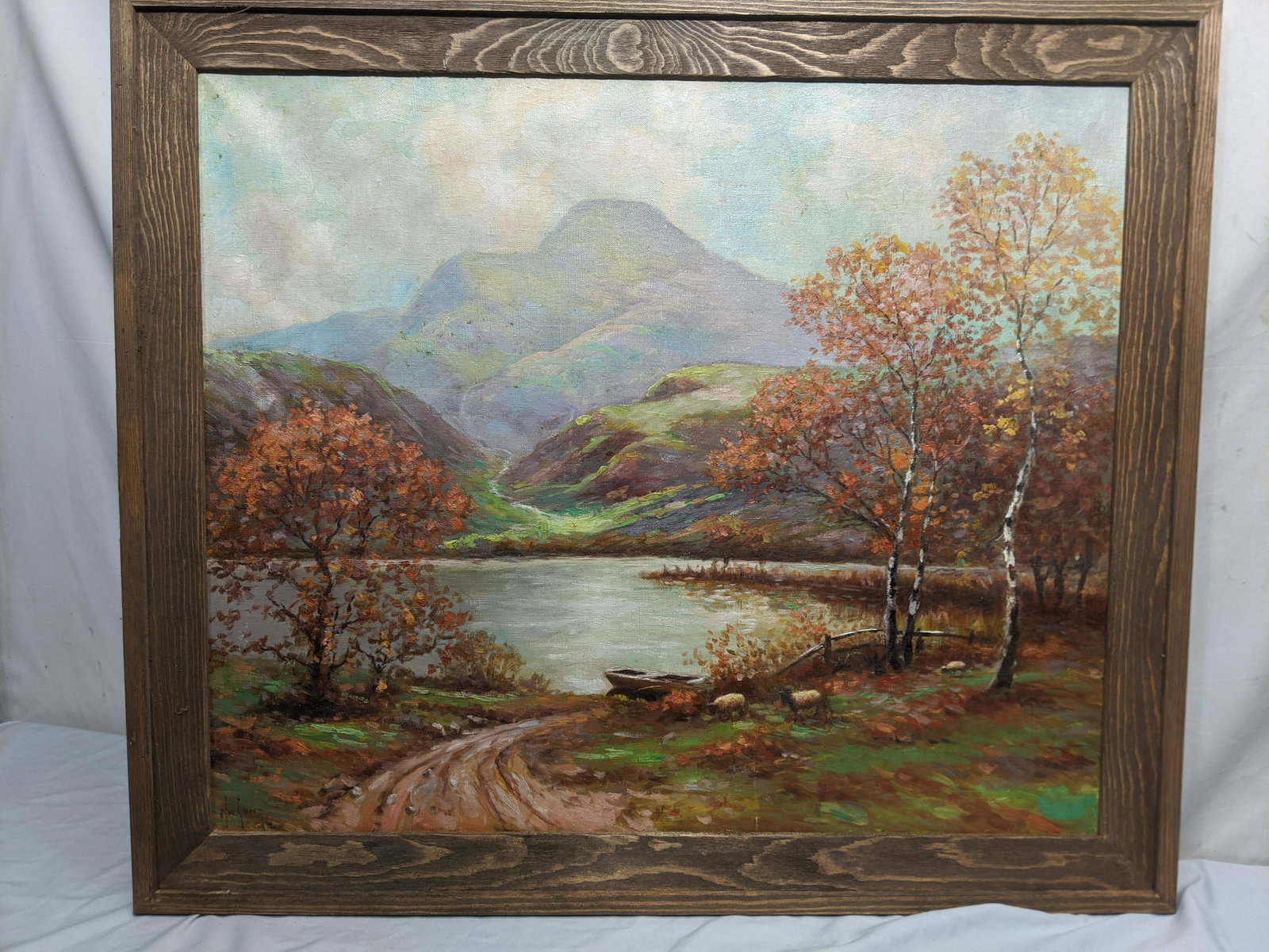 Signed Nic Lenz Large Fall Mountainscape Oil Painting: Signed Nic Lenz Large Fall Mountainscape Oil Painting on canvas in frame. Signed lower left. Measurements in inches: 35 x 30, Image: 30 x 25 Condition:Has some soiling and wear in center bottom Shippi