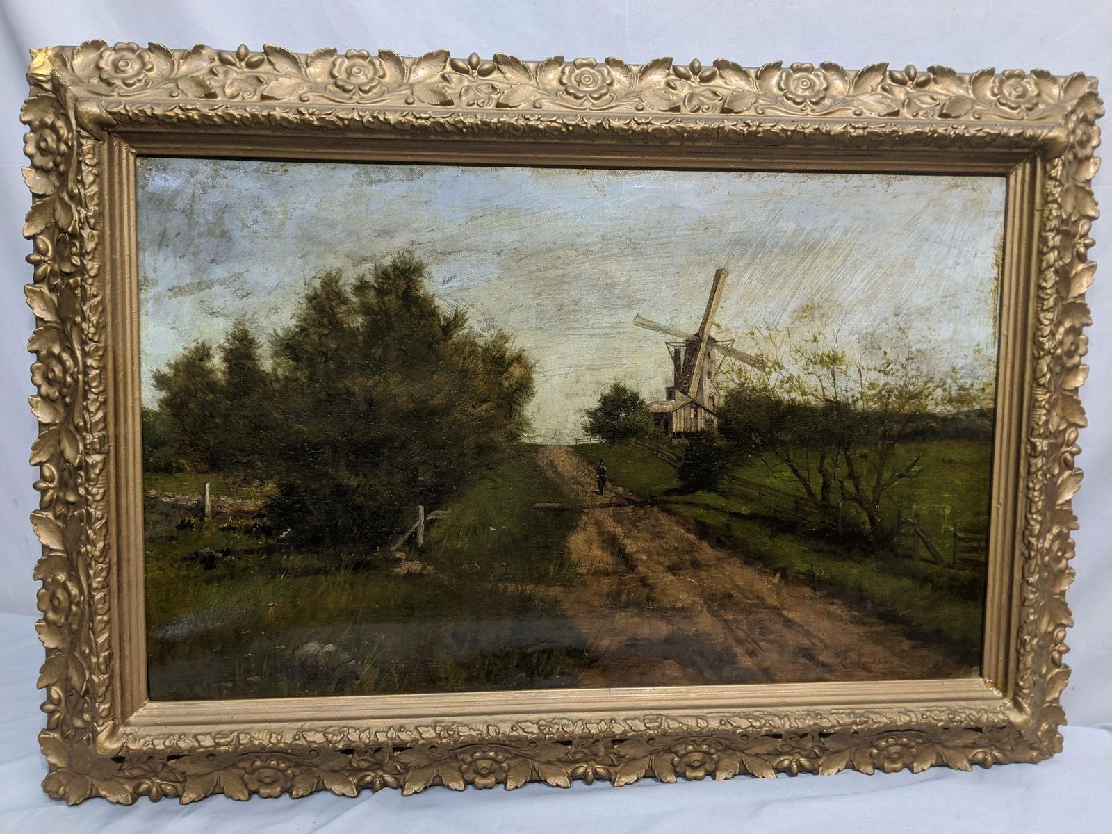Antique Frank Enders Oil Painting Windmill Landscape: Antique Frank Enders Oil Painting Windmill Landscape on canvas in great frame. Signed lower right. Measurements in inches: 31 x 21, Image: 25 x 15 1/2 Condition:Has soiling and needs to be re-stretche