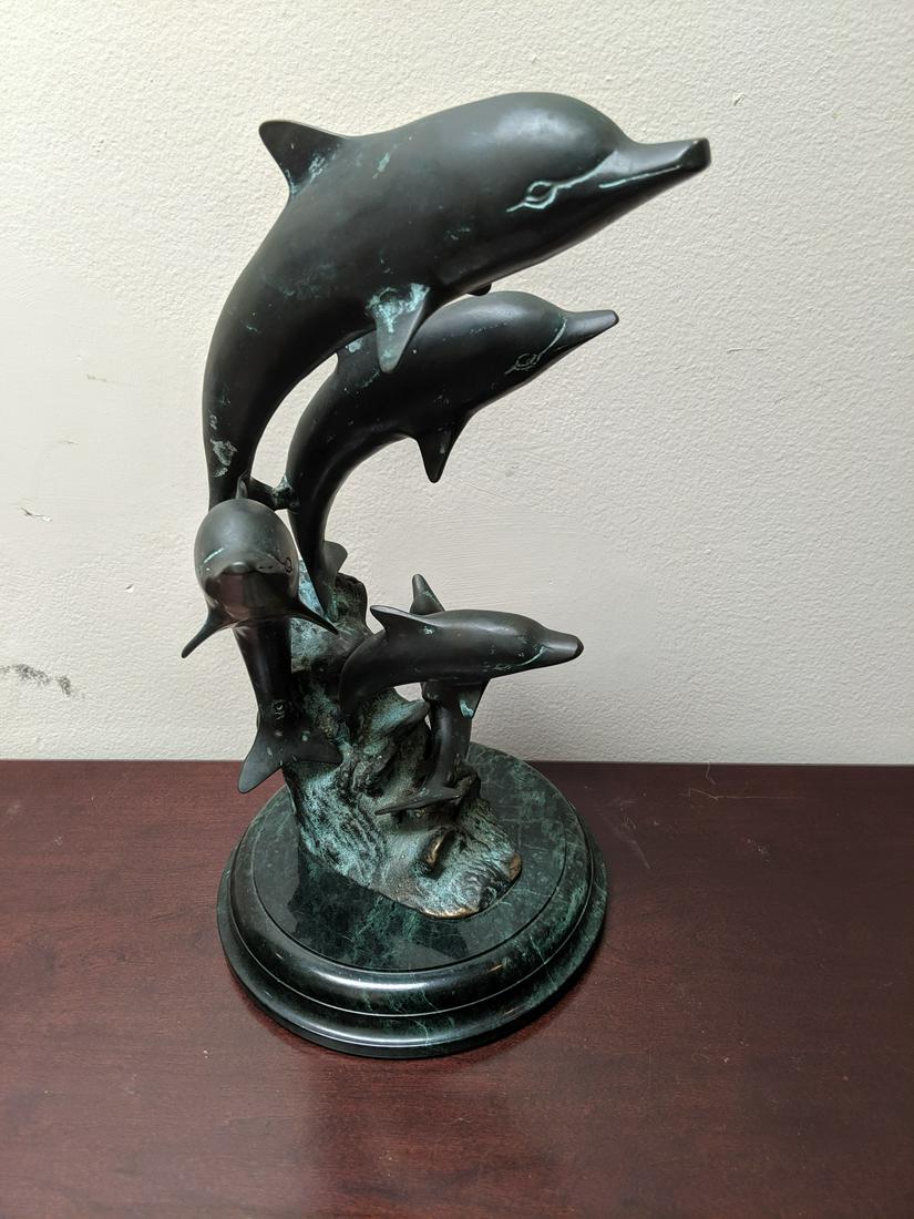 Vintage Brass Sculpture 5 Dolphins Jumping on Marble (1 of 7)