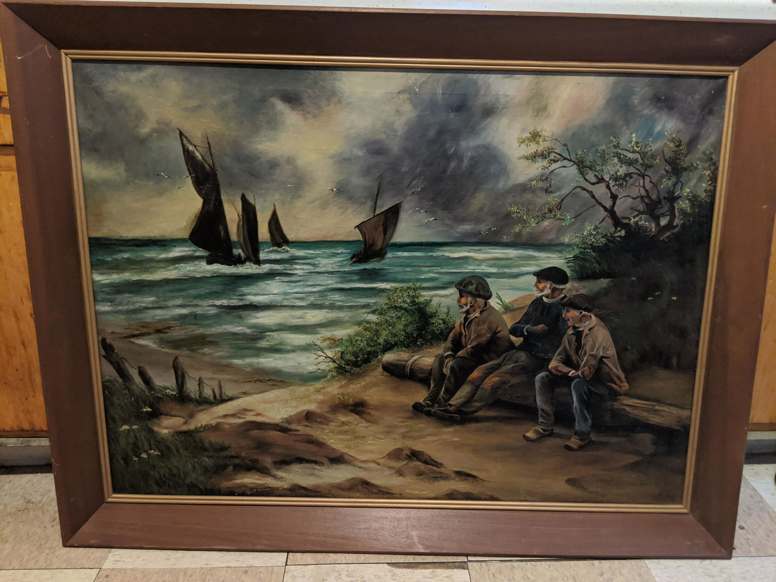 Large Antique Unsigned Sailors on Shore Oil Painting (1 of 14)