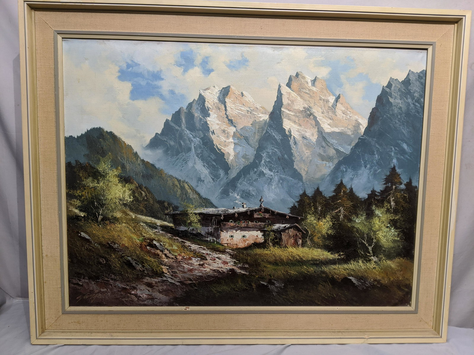 Signed S Groger pfandlhof im wilden kaiser Oil Painting: Signed S Groger pfandlhof im wilden kaiser Oil Painting on canvas in frame. Signed lower left. Titled on reverse. Measurements in inches: 37 x 29 1/2, 31 1/2 x 24 Condition:Some light wear on top age 