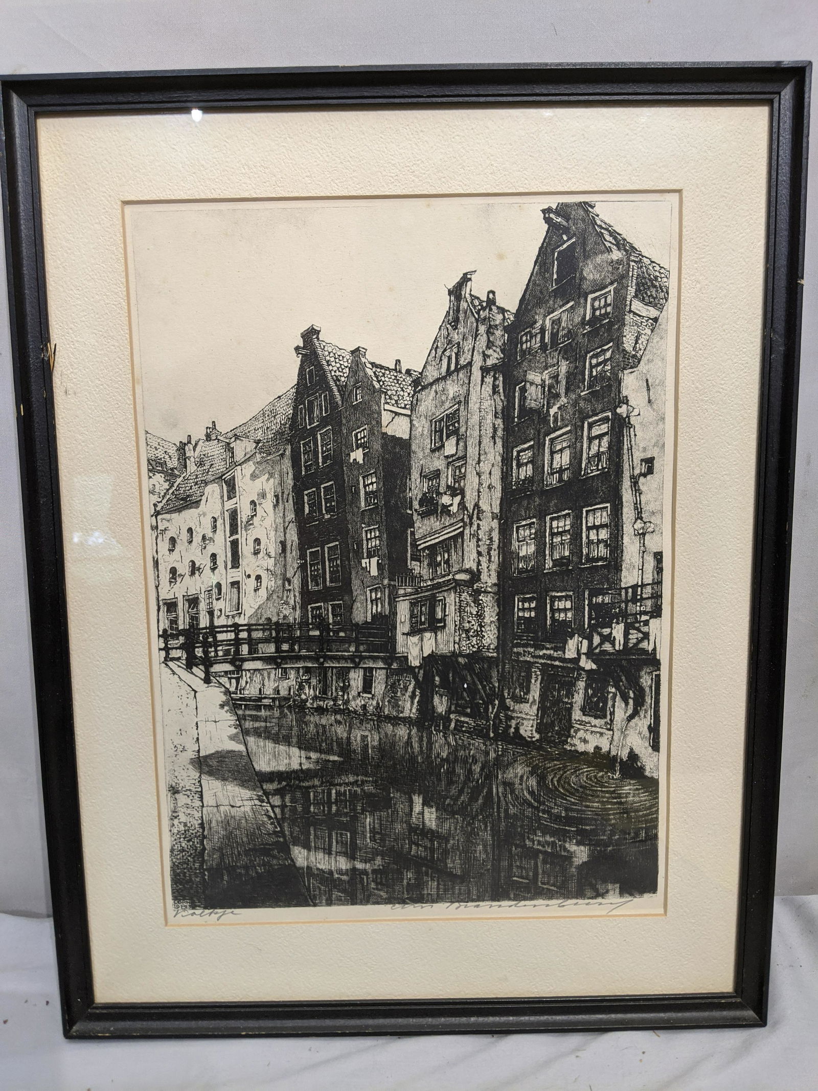 Signed 1913 B&W Etching of Holland Canal (1 of 11)