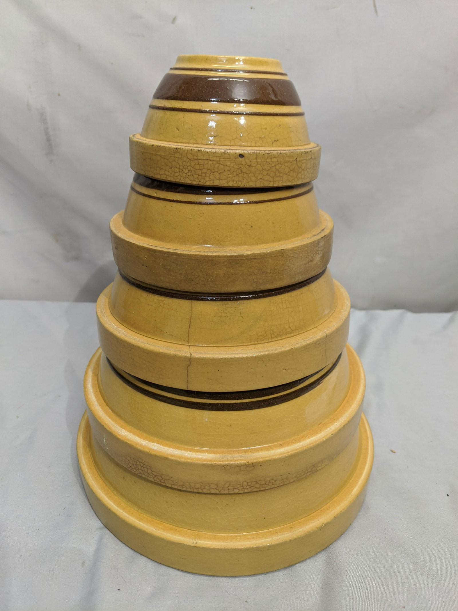 Set 5 Yellowware Stoneware Browne Striped Mixing Bowls (1 of 6)