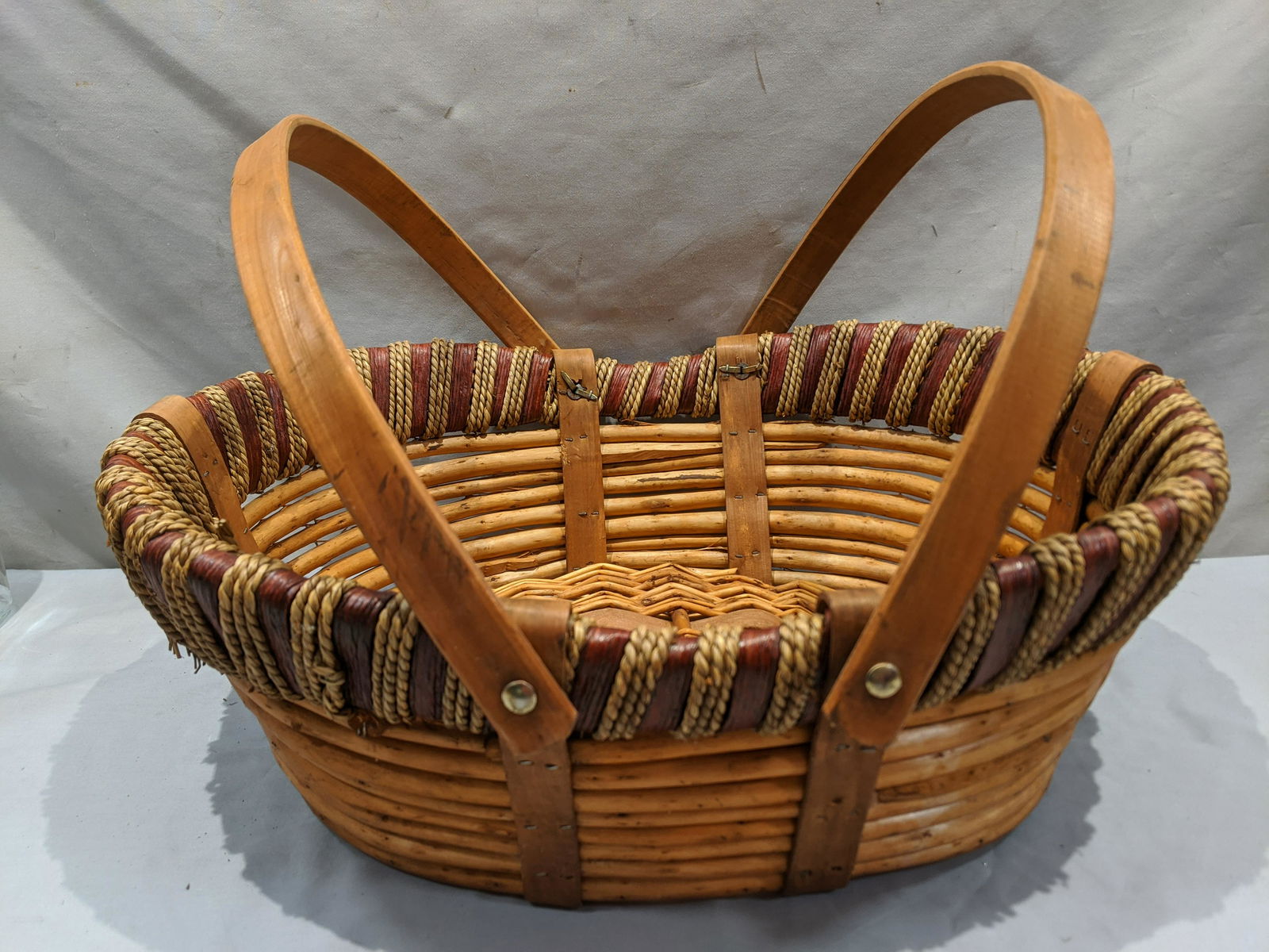 Vintage Large Oval Leather & Rattan Basket w/ Handles (1 of 5)