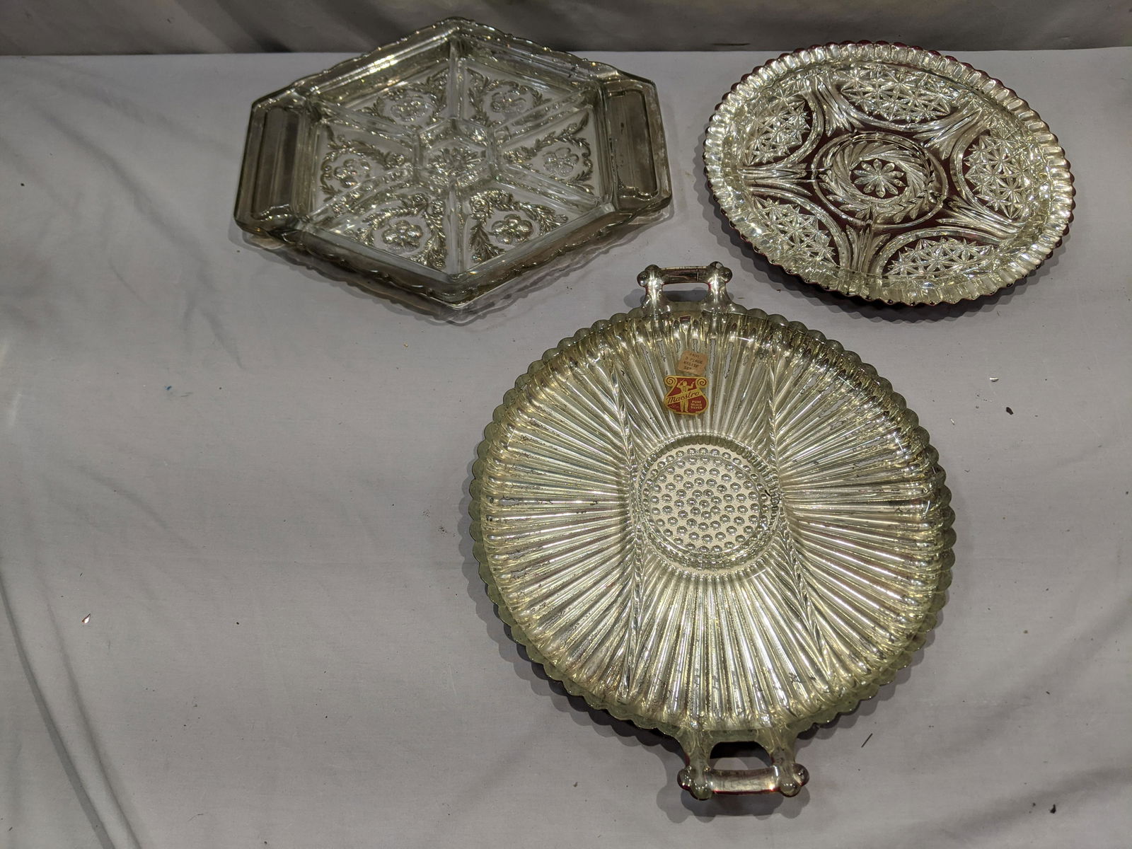 Lot 3 Inlaid Silver Glass Divided Relish Dishes Ruby (1 of 7)