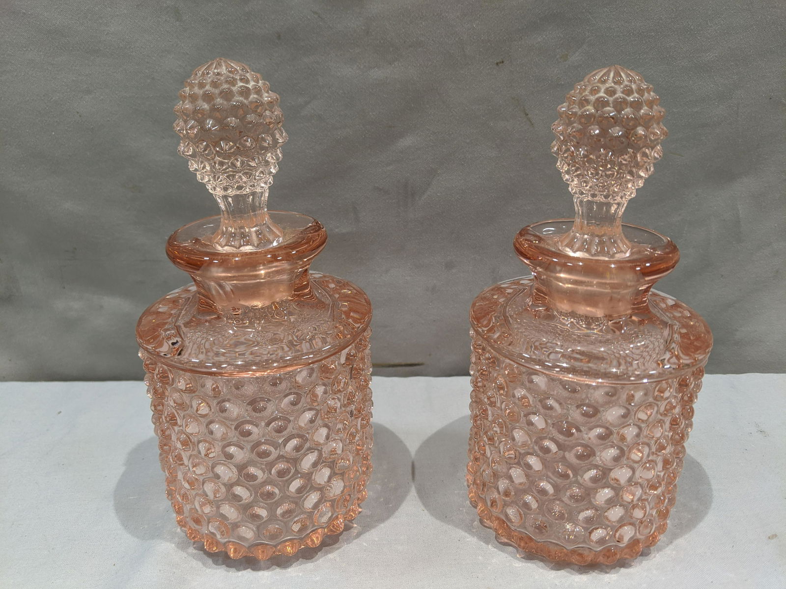 Pair Antique Handblown Pink Hobnail Glass Cruet Set (1 of 5)