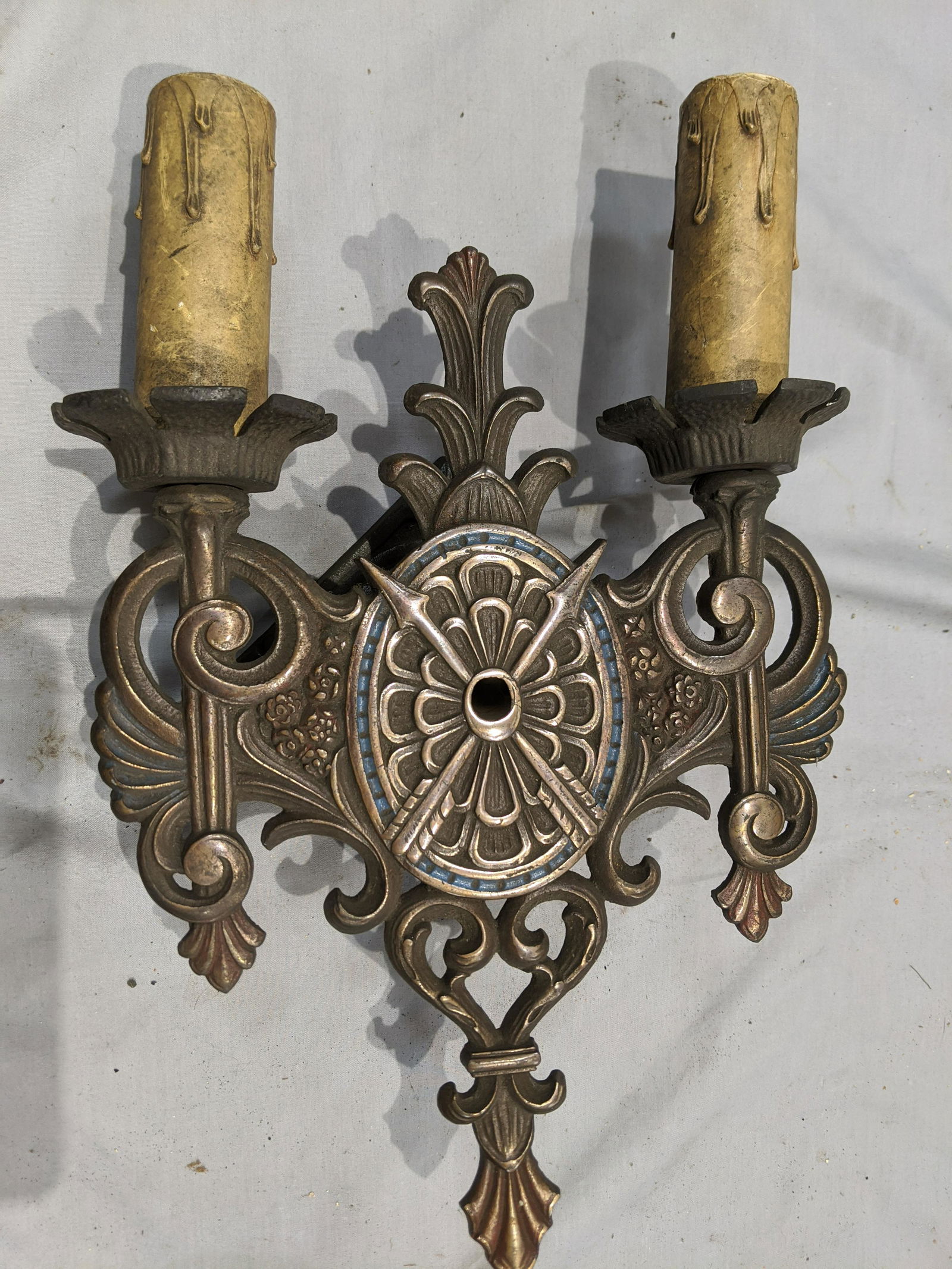 Antique Ornate Cast Iron Double Candle Wall Sconce (1 of 7)