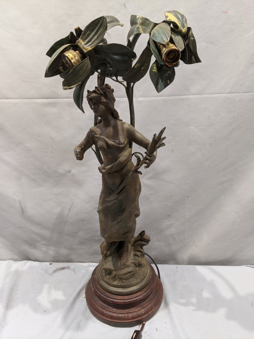 Antique Aug Monroe Nymphe des Roseaux Figural Table: Antique Aug Monroe Nymphe des Roseaux Figural Table Lamp of white metal on a wood base. Measurements in inches: 23 high Condition:As found, broken fingers and crack near feet. Needs to be rewired Ship