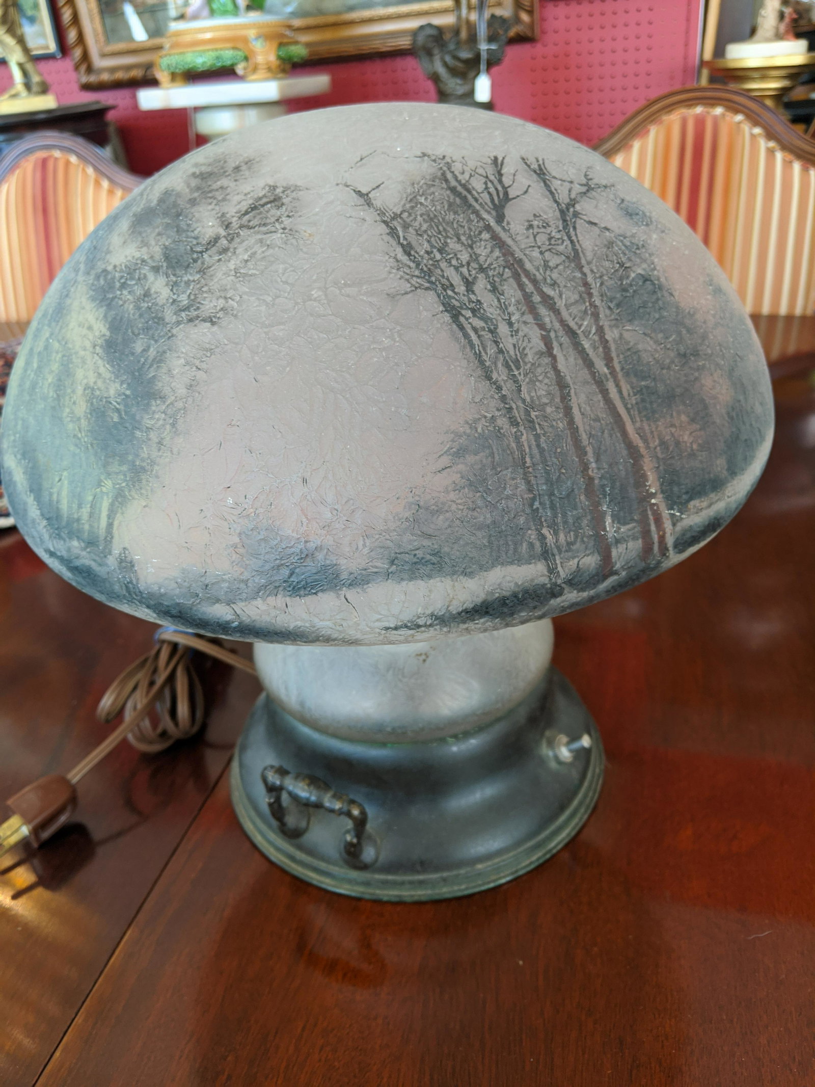 c1913 Pairpoint Style Frosted & Painted Mushroom Shade: c1913 Pairpoint Style Frosted & Painted Mushroom Shade Lamp with metal base. Measurements in inches: 13 high x 13 diameter Condition:Some minor chipping to inner rim of shade, Works fine Shipping:We o