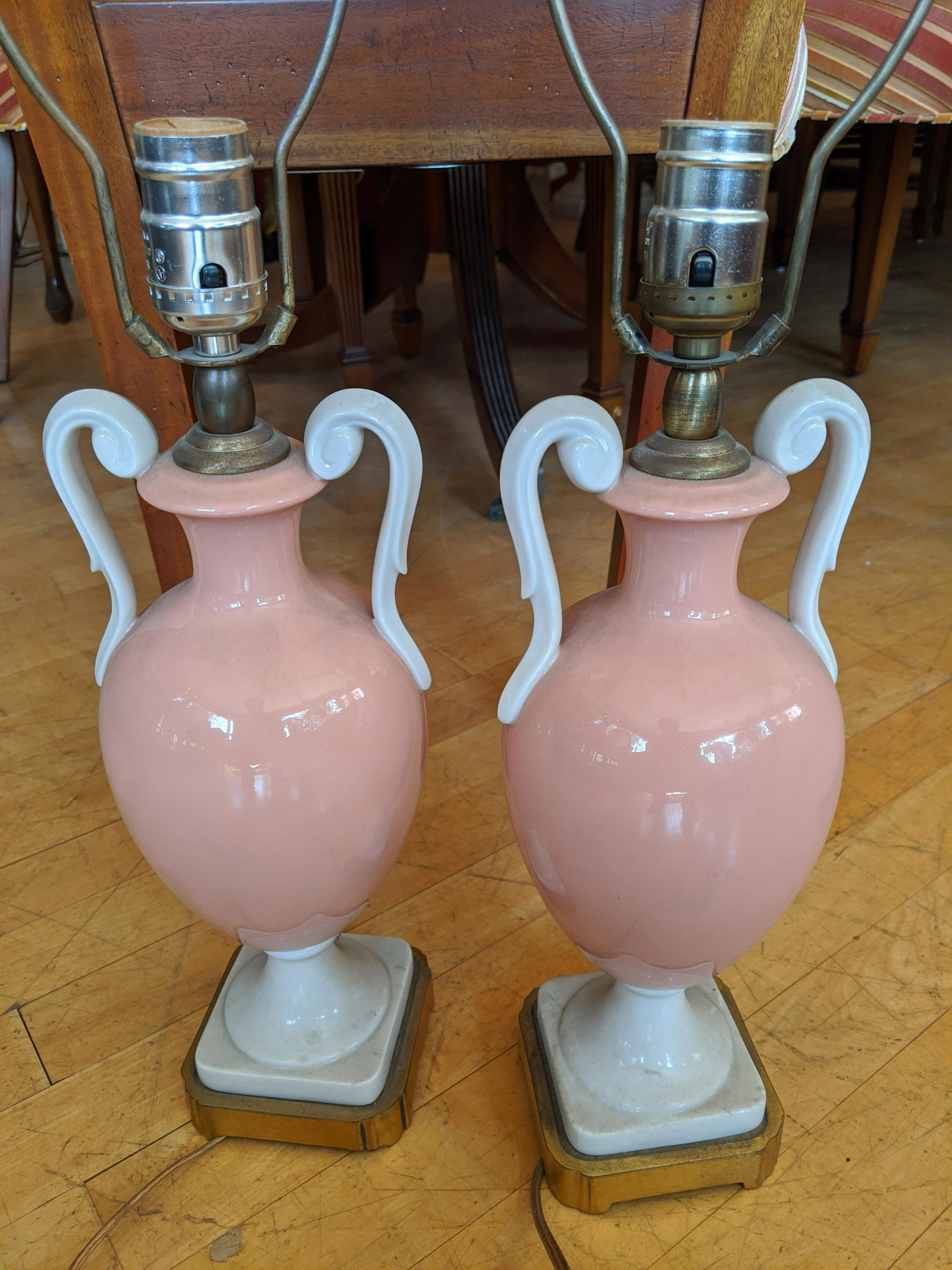Pair Pink & White Porcelain c1940s Short Table Lamps: Pair Pink & White Porcelain c1940s Short Table Lamps. Measurements in inches: 22 high Condition:Has been rewired and in fine working order Shipping:We offer in-house shipping. Item(s) will be packed a