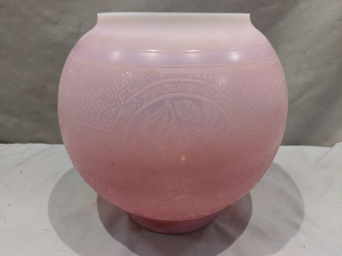 Antique Etched Bird & Flower Pink Glass Globe Lamp (1 of 6)