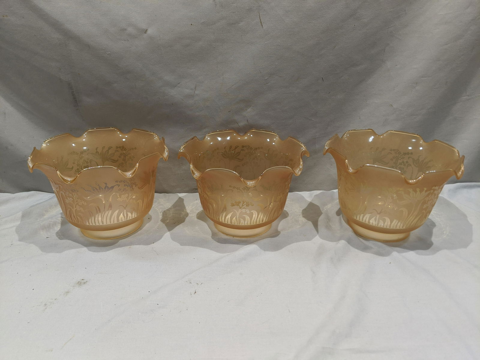Set 3 Etched Flower Peach Glass Ruffled Rim Lamp Shades (1 of 7)