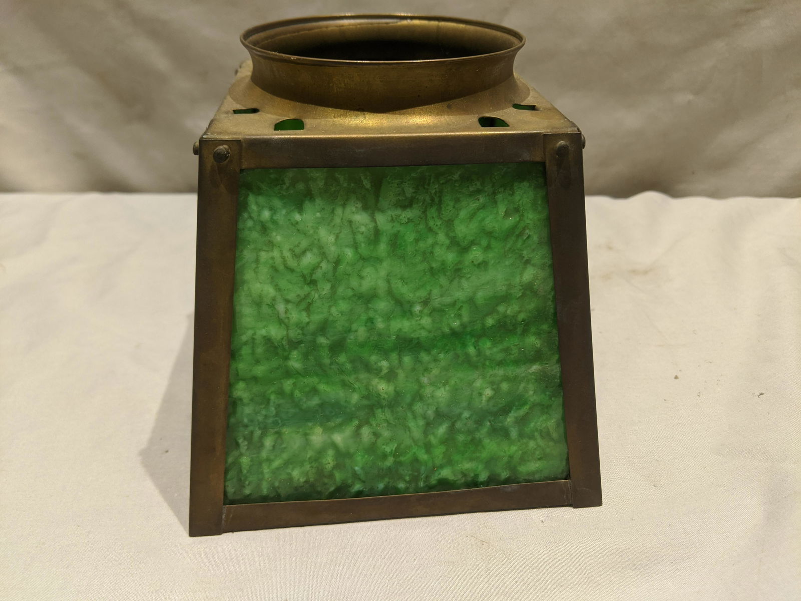 Arts & Crafts Brass & Green Slag Glass Lamp Shade (1 of 5)