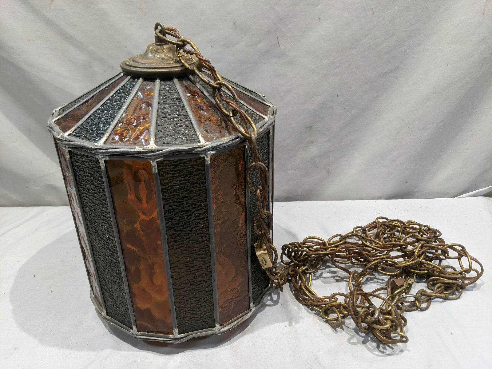 Mid-Century Amber & Green Leaded Glass Ceiling Fixture (1 of 7)