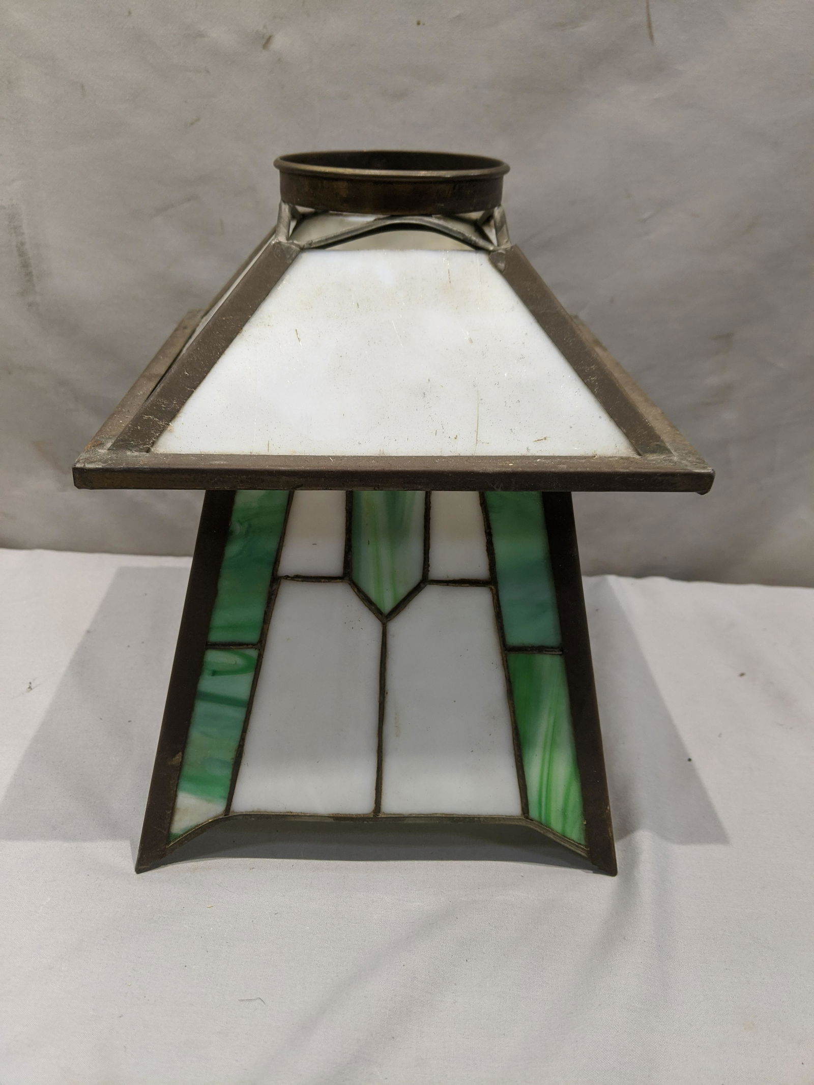 Arts & Crafts Green & White Stained Leaded Glass Shade (1 of 6)