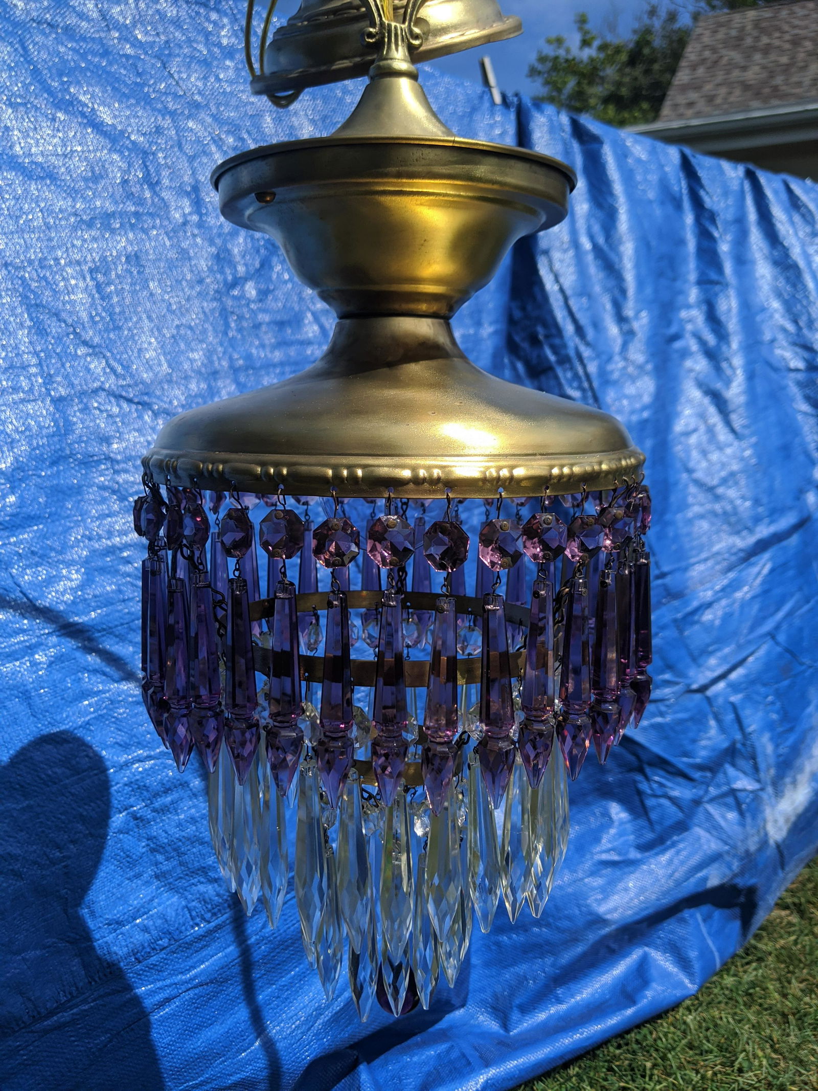 Small Brass & Purple Crystal Prism Ceiling Fixture (1 of 8)