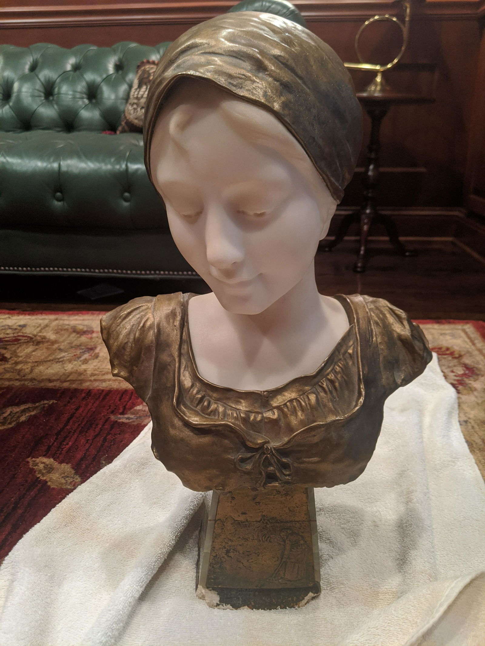Dominique Alonzo Gilt Bronze & Alabaster Bust of Girl: Dominique Alonzo Gilt Bronze & Alabaster Bust of Girl on only base with brass plaque. Signed under shoulder. Measurements in inches: 21 high Condition:Only base at bottom is chipped and missing. Needs