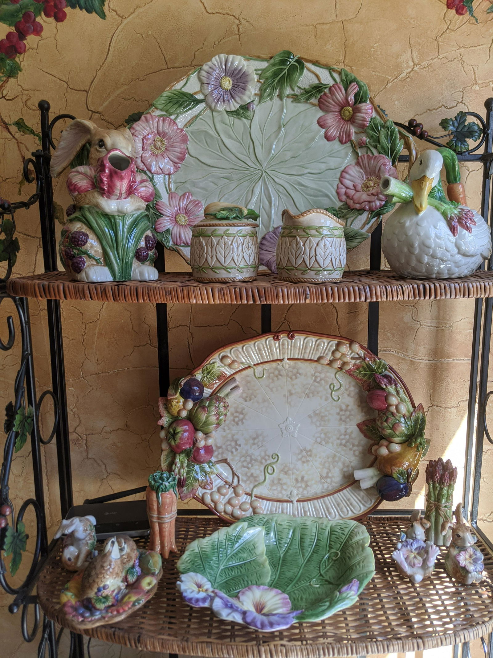 Lot 13 pcs Fitz & Floyd Classics Kitchen Items: Lot 13 pcs Fitz & Floyd Classics Kitchen Items including three platters, cream and sugar, tea pot, coffee pot, S&P shakers on tray, 3 rabbits an carrot and asparagus S&P. Condition:carrot and asparagu