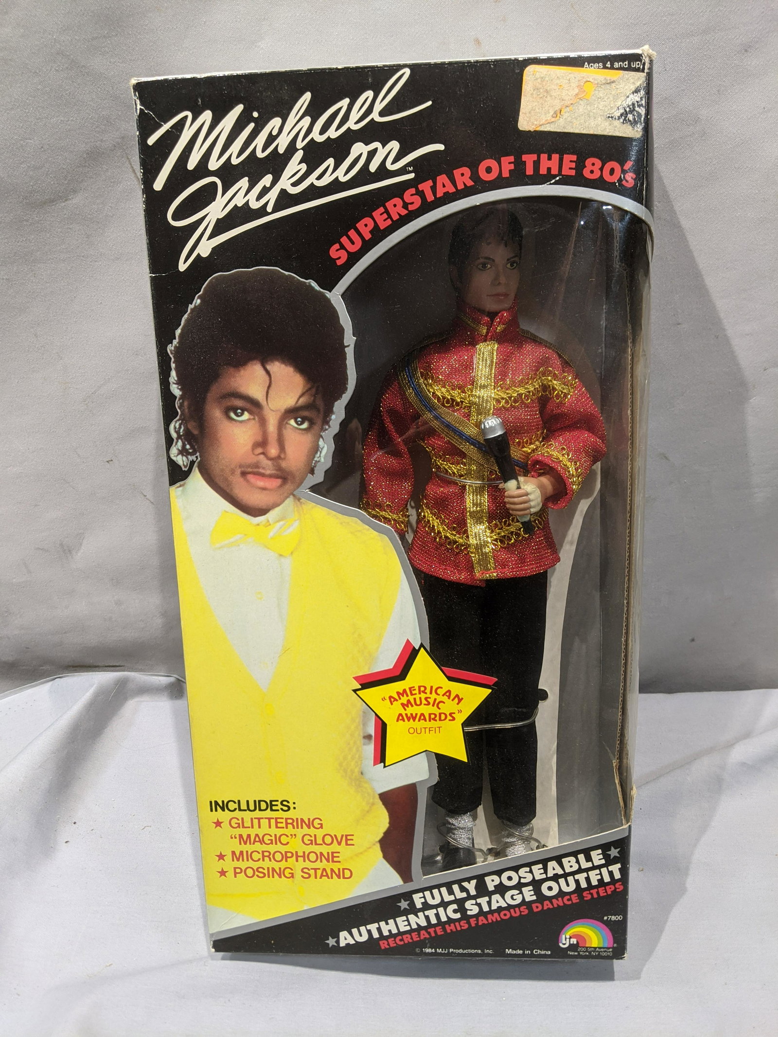 1984 MJJ Michael Jackson Stage Outfit Doll in Box NOS: 1984 MJJ Michael Jackson Stage Outfit Doll in Box NOS. Measurements in inches: 12 high Condition:Mild wear to box Shipping:We offer in-house shipping. Item(s) will be packed after invoice is paid and 