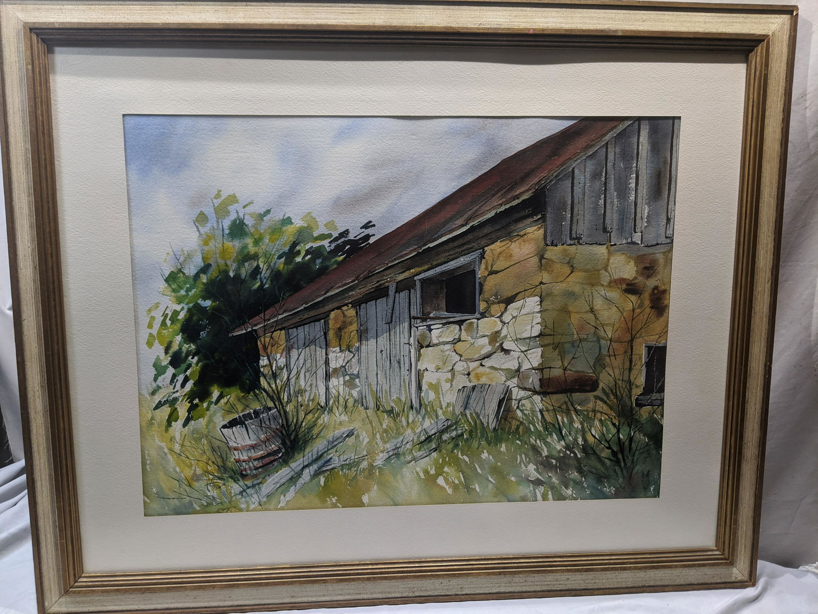 Large Signed Fawn Watercolor Painting of Old Barn: Large Signed Fawn Watercolor Painting of Old Barn framed under glass. Signed lower left. Measurements in inches: 40 x 32, Image: 28 1/2 x 20 1/2 Condition:Good with no problems Shipping:We offer in-ho