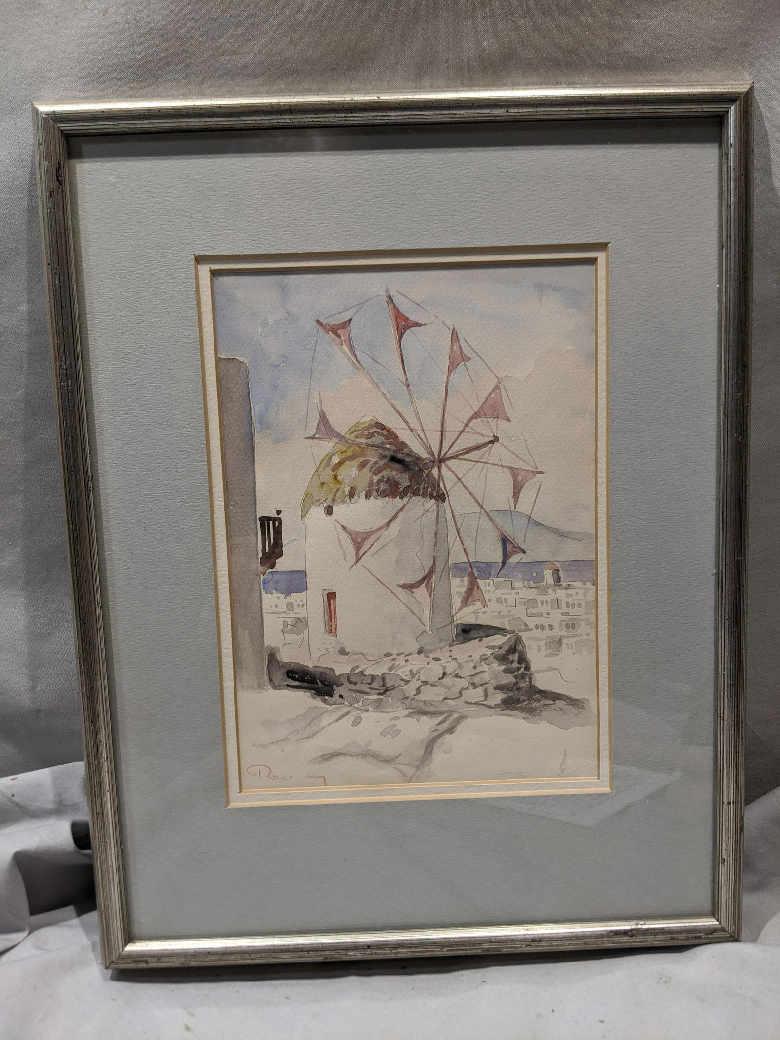 Vintage Middle East Windmill Signed Watercolor Painting (1 of 9)