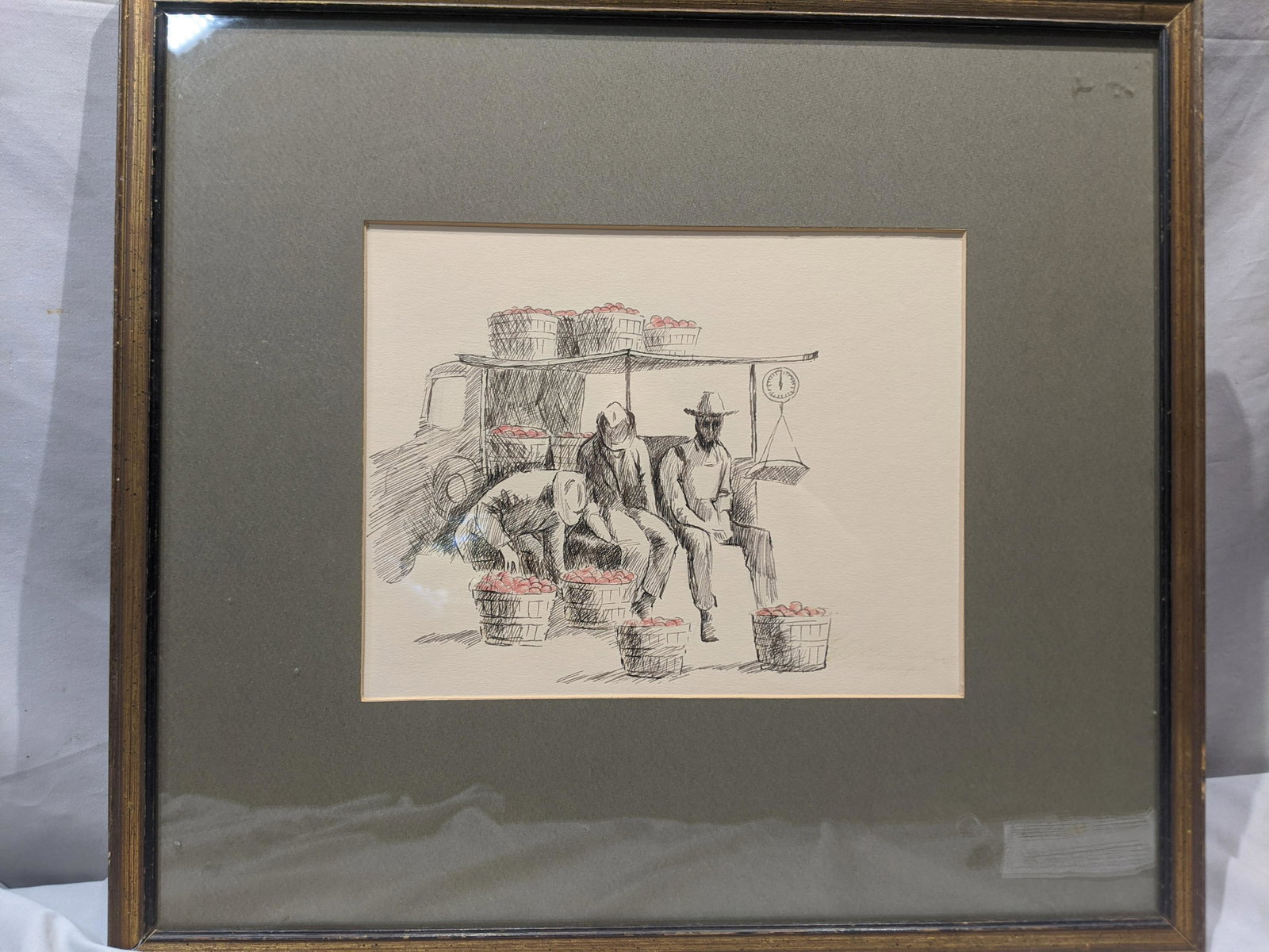 Margaret Dunlap Signed Farmers Apple Picking Color: Margaret Dunlap Signed Farmers Apple Picking Color Drawing framed under glass. Signed on the back. Measurements in inches: 20 1/2 x 18 1/2, Image: 11 1/2 x 9 Condition:Good with no problems Shipping:W