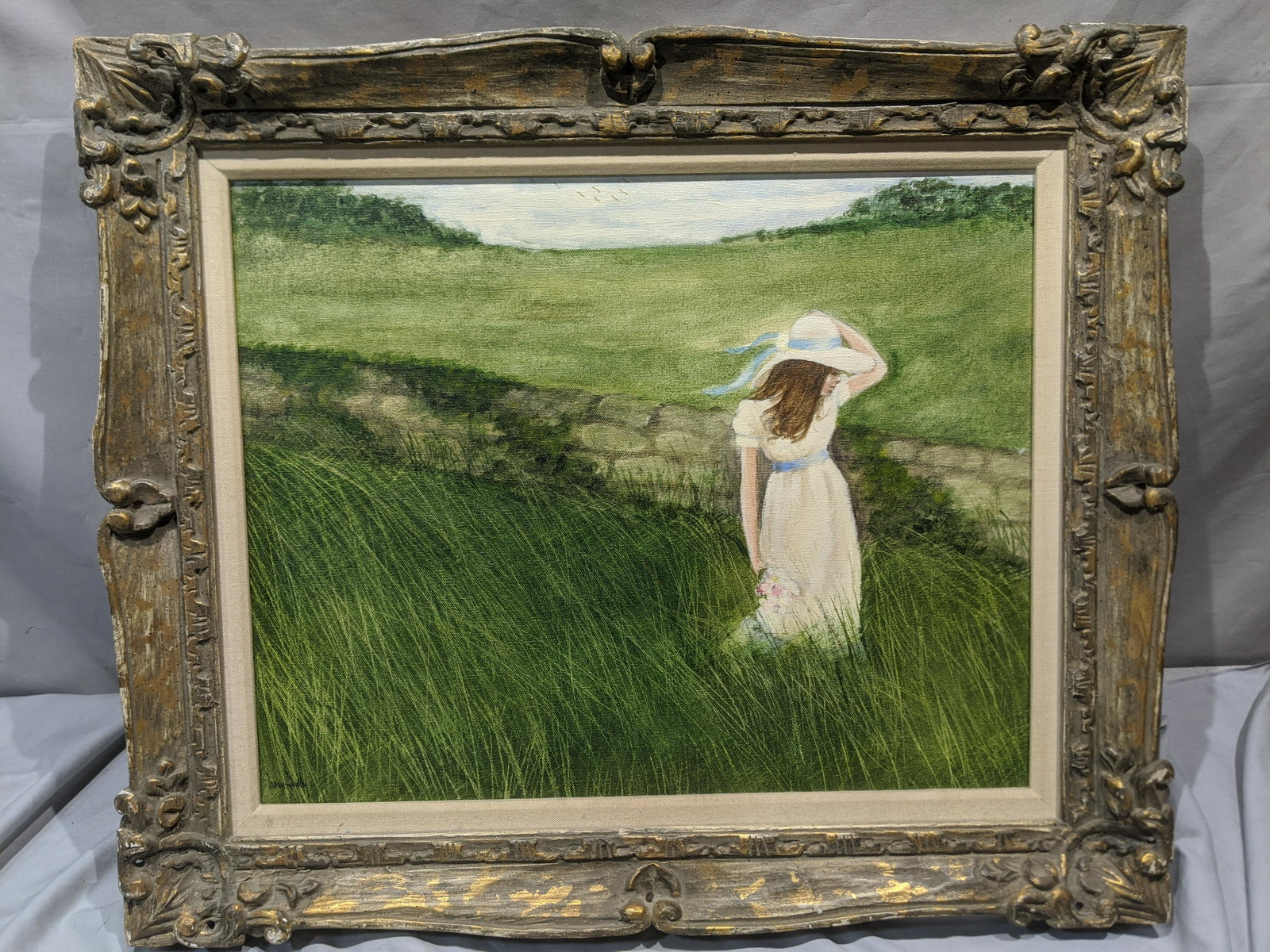 Signed Gary Shelly Girl in Field Oil Painting: Signed Gary Shelly Girl in Field Oil Painting on canvas in frame. Signed lower right but hard to make out.. Measurements in inches: 25 x 21,Image: 19 x 15 Condition:Good with no problems Shipping:We o