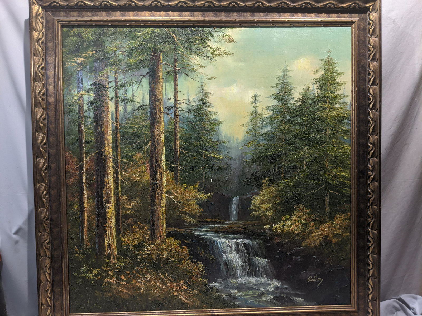 Signed Carlton Large Waterfall Forest Scene Oil (1 of 16)
