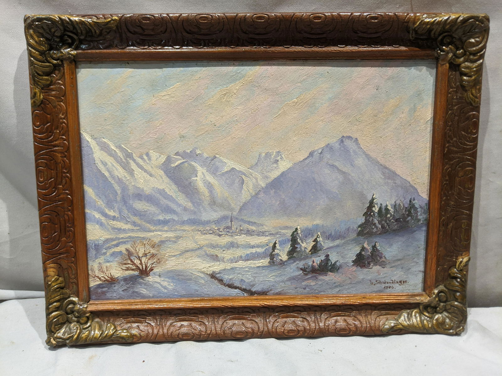 1946 G Schwendinger Winter Landscape Oil Painting (1 of 11)