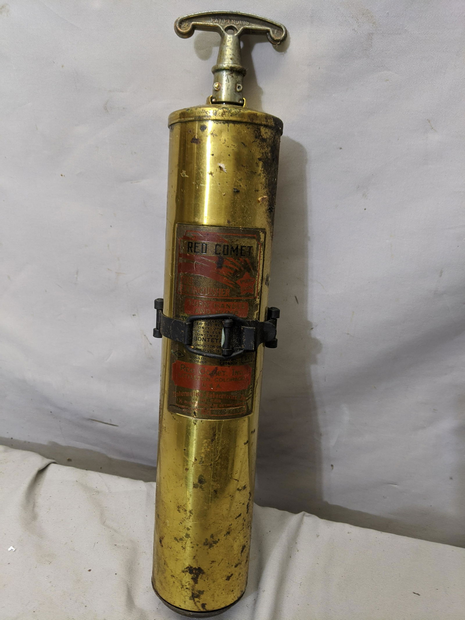 Antique Brass Red Comet Fire Extinguisher & Bracket (1 of 5)