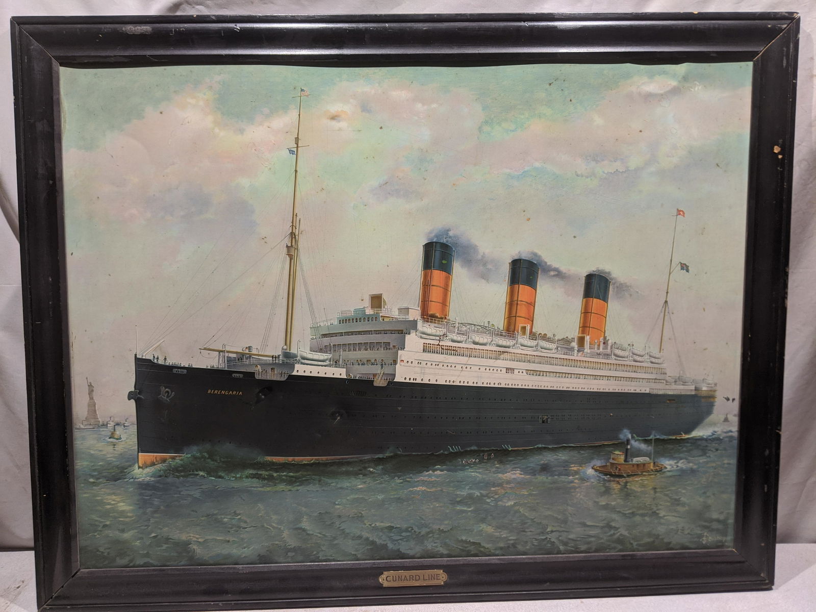 Berengaria Cunard Lines Large 1924 Metal Picture Bishop: Berengaria Cunard Lines Large 1924 Metal Picture by Bishop. Measurements in inches: 43 1/2 x 33 1/2 Condition:Has soiling and bb gun dings Shipping:We offer in-house shipping. Item(s) will be packed a