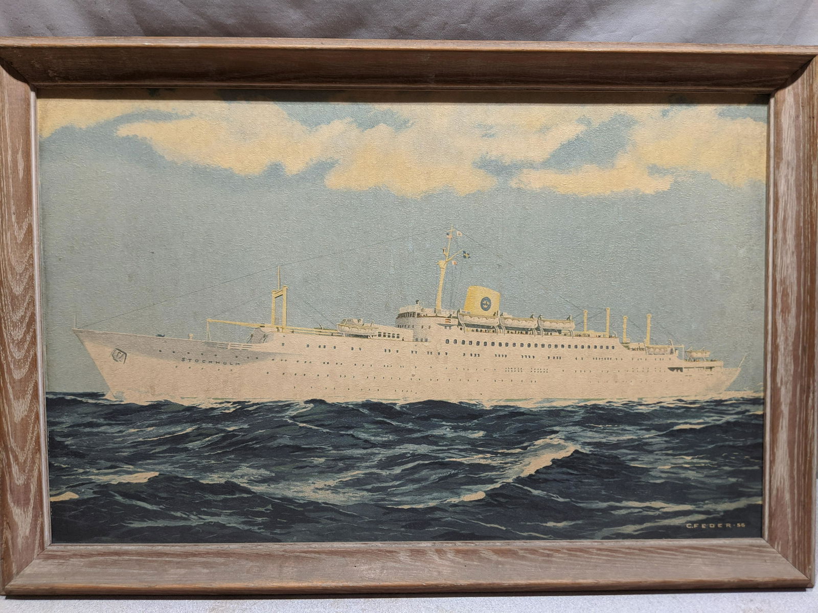 1956 Stockholm Steamship Print by SF Eder: 1956 Stockholm Steamship Print by SF Eder in frame. Measurements in inches: 31 x 21, Image: 28 x 17 1/2 Condition:Has some light soiling Shipping:We offer in-house shipping. Item(s) will be packed aft