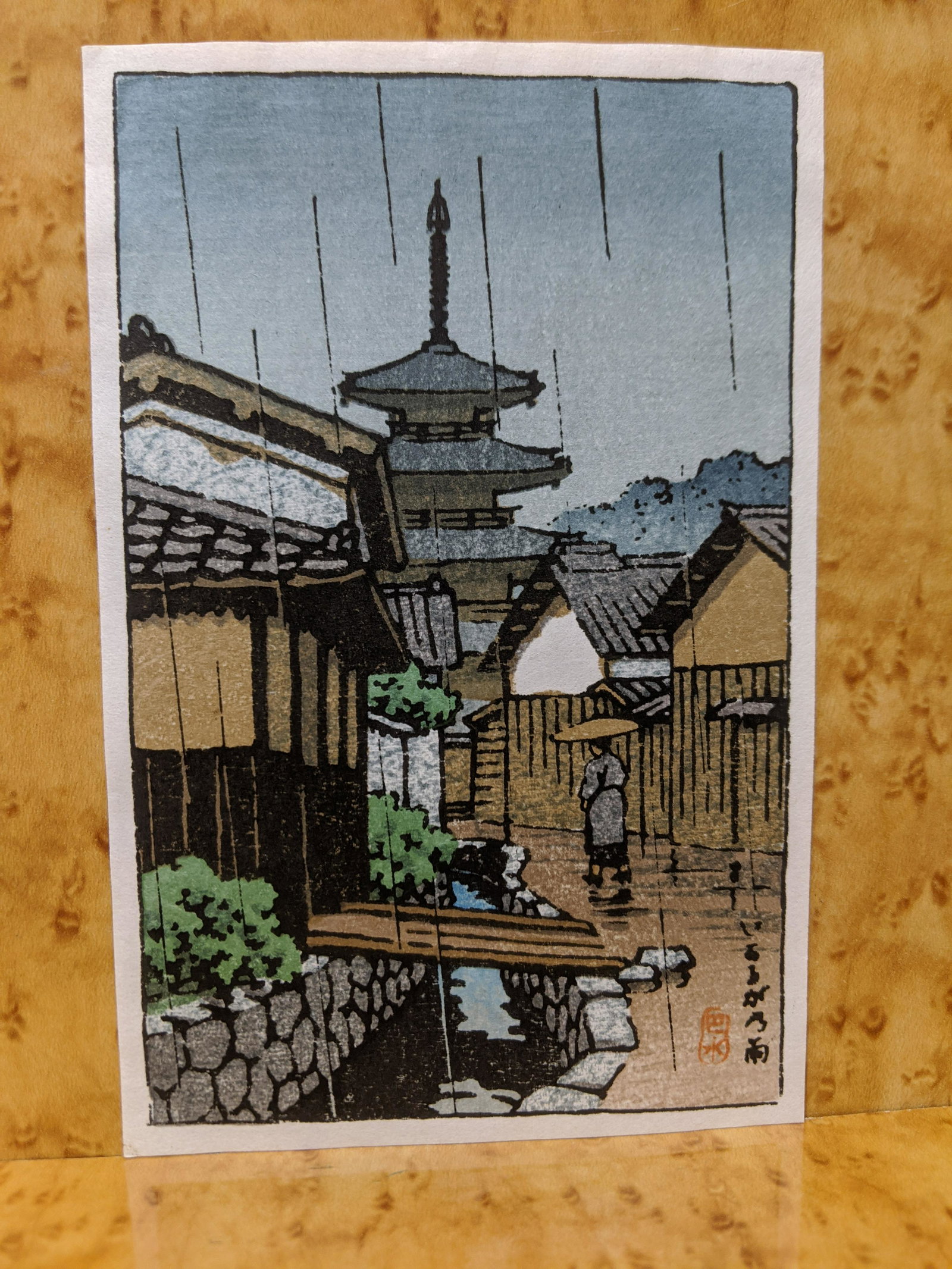 c1930s Kawase Hasui Japanese Woodblock Print Pagoda: c1930s Kawase Hasui Japanese Woodblock Print Pagoda in Ikaruga in Rain. Postcard size. Measurements in inches: 3 3/4 x 4 3/4 Condition:Good with no problems Shipping:We offer in-house shipping. Item(s
