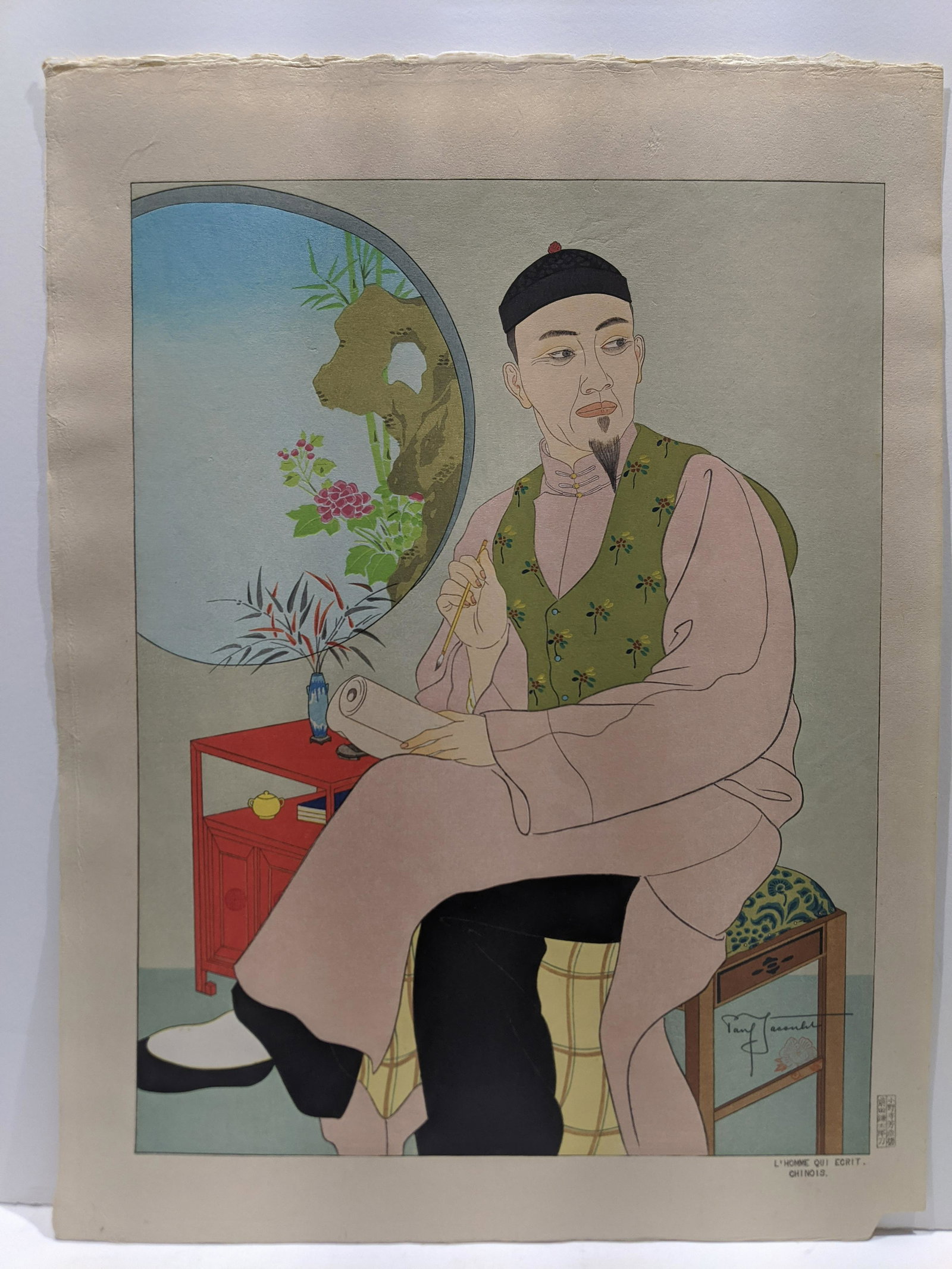 Paul Jacoulet Woodblock Print L'Homme Qui Ecrit: Paul Jacoulet Woodblock Print L'Homme Qui Ecrit, no 108/350. Pencil signed. Measurements in inches: 14 x 18 3/4 Condition:Has light toning, minor foxing on sock Shipping:We offer in-house shipping. It