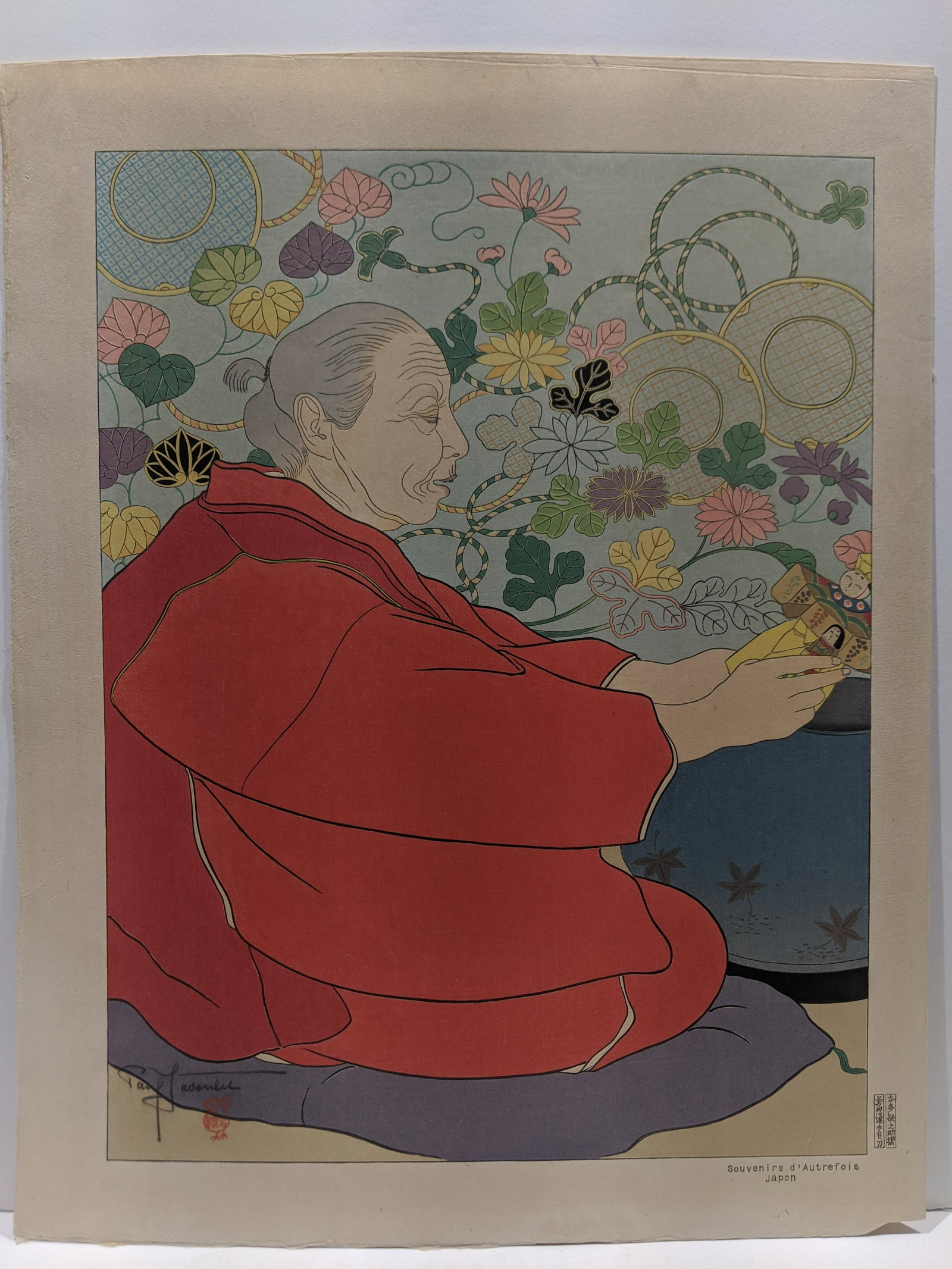 Paul Jacoulet Woodblock Print Souvenirs d'Autrefois: 1941 Memories of the Past - Souvenirs d'Autrefois - Japon No 244/350. Pencil Signed. Measurements in inches: 18 x 14 1/4 Condition:Has light toning and tape residue on reverse top edge Shipping:We off