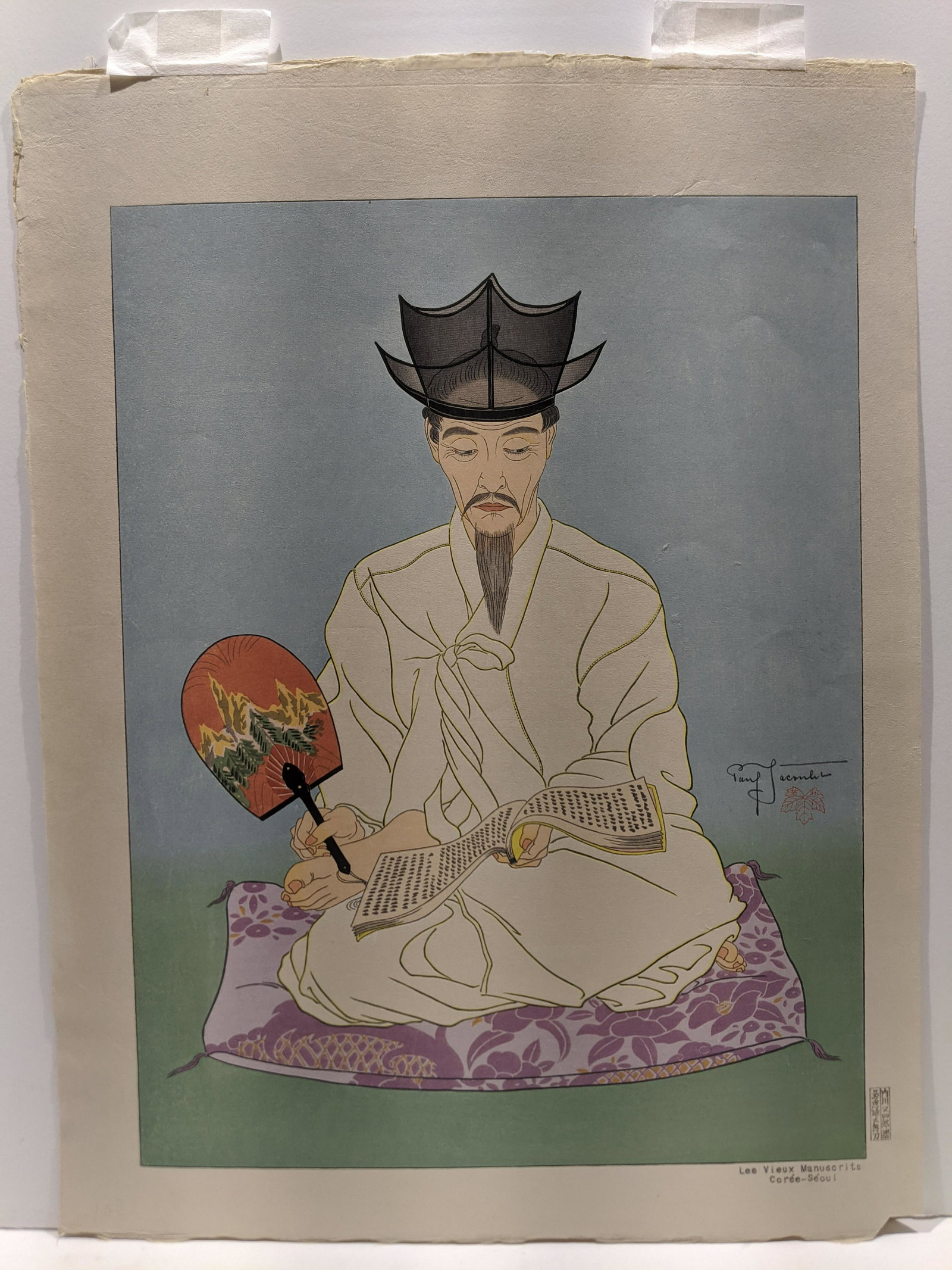 Paul Jacoulet Woodblock Print Les Vieux Manuscits: Paul Jacoulet Woodblock Print Les Vieux Manuscits Coree-Seoul, No 46/250. Pencil signed. Measurements in inches: 14 1/4 x 19 Condition:Has light toning and tape on top edge Shipping:We offer in-house 