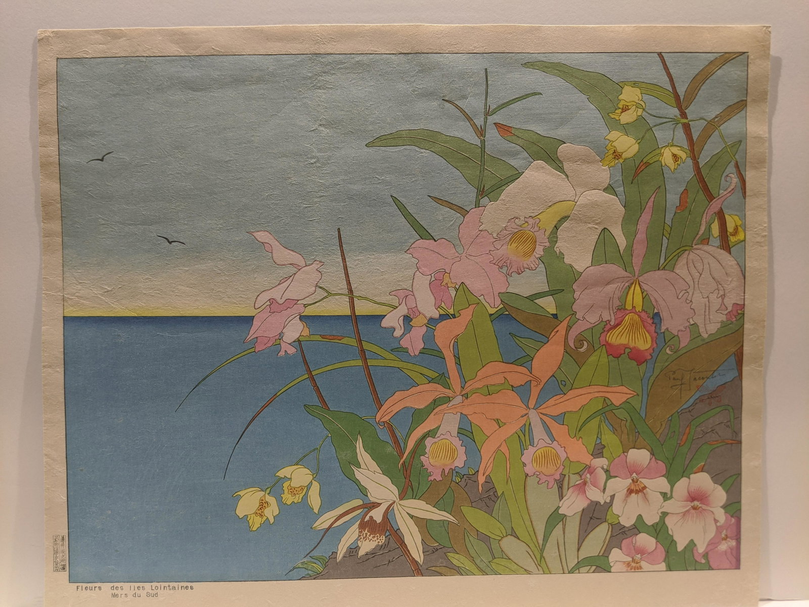 Paul Jacoulet Woodblock Print Fleurs des lies Lointanes: Paul Jacoulet Woodblock Print Fleurs des lies Lointanes Mers du Sud. No 64/250. Not signed. Measurements in inches: 14 1/2 x 13 1/2 Condition:Mild wear, trimmed right edge Shipping:We offer in-house s