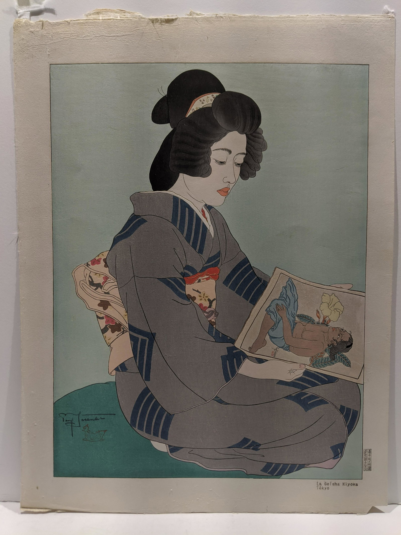 Paul Jacoulet Woodblock Print La Geisha Kiyoka Tokyo: Paul Jacoulet Woodblock Print La Geisha Kiyoka Tokyo no 49/350. Pencil signed. Measurements in inches: 18 1/2 x 14 Condition:Has light toning and tape on reverse top edge Shipping:We offer in-house sh