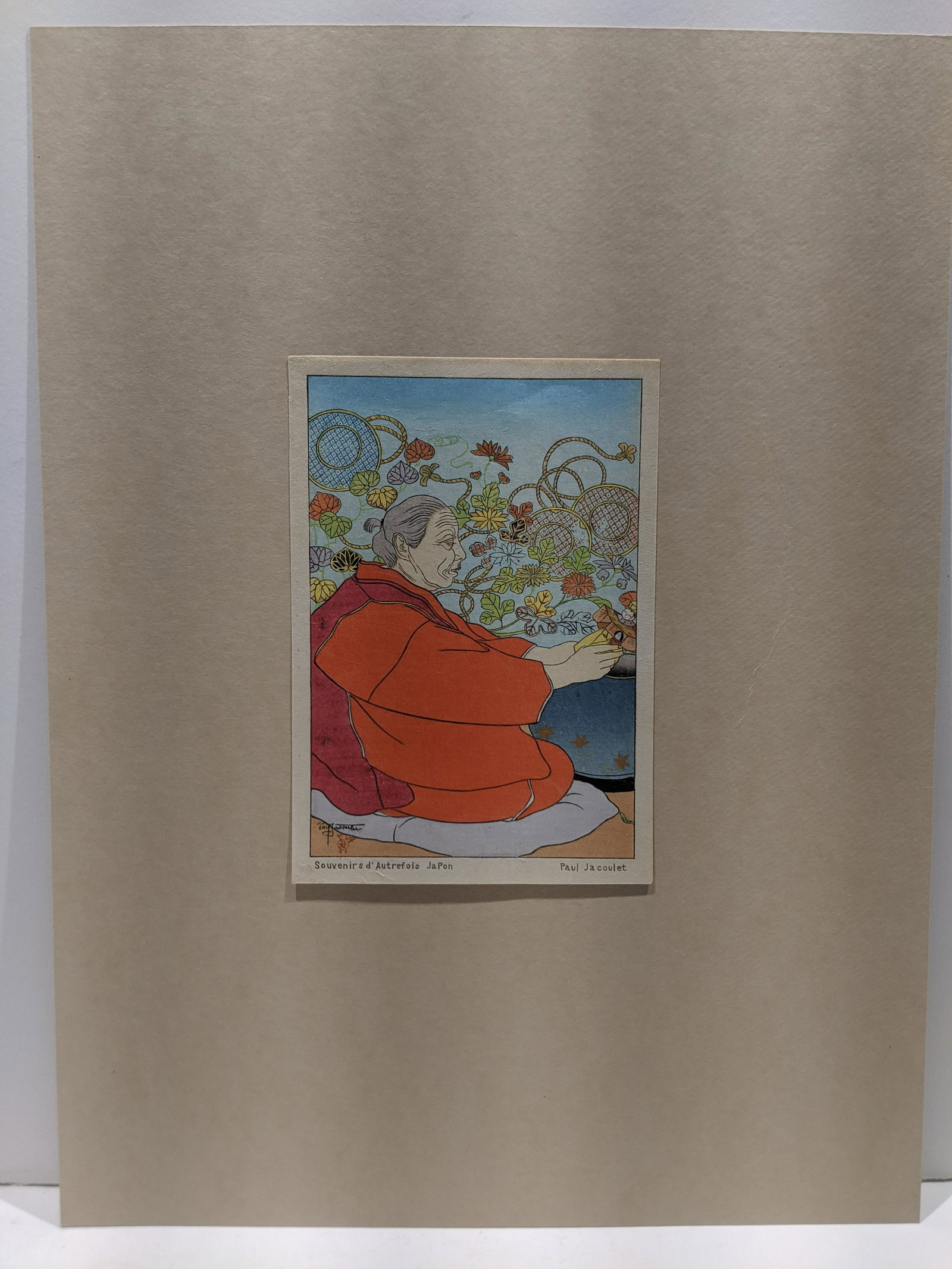 Paul Jacoulet Woodblock Print Souvenire d'Autrefois: Paul Jacoulet Woodblock Print Souvenire d'Autrefois Japon Postcard size surinomo. Measurements in inches: 4 1/2 x 6 1/2 Condition:Tipped on board, Mild toning Shipping:We offer in-house shipping. Item