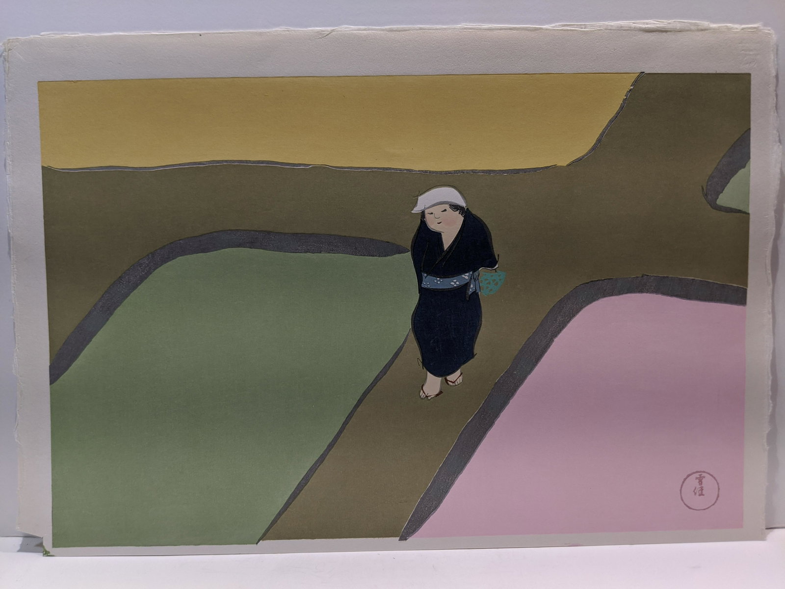 Kamisaka Sekka Japanese Woodblock Print A Walk: 1909 Kamisaka Sekka Japanese Woodblock Print A Walk Around the Paddy Fields, from the series. Measurements in inches: 19 1/2 x 10 1/4 Condition:Has tape on reverse top edge Shipping:We offer in-house 