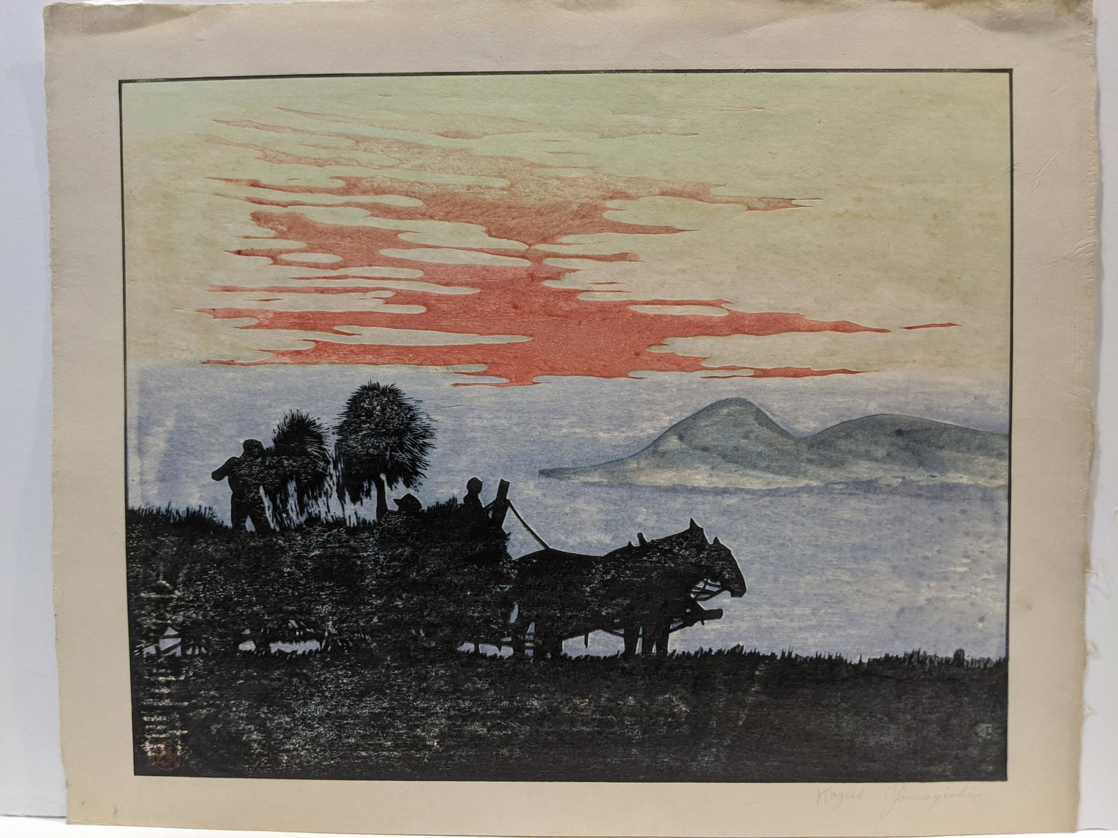 Kazue Yamagishi Japanese Woodblock Print Carriage: 1977 Kazue Yamagishi Japanese Woodblock Print Carriage at Sunset. Pencil signed. Measurements in inches: 16 1/2 x 13 1/4 Condition:Has toning, mild wear and tape on reverse top edge. Shipping:We offer
